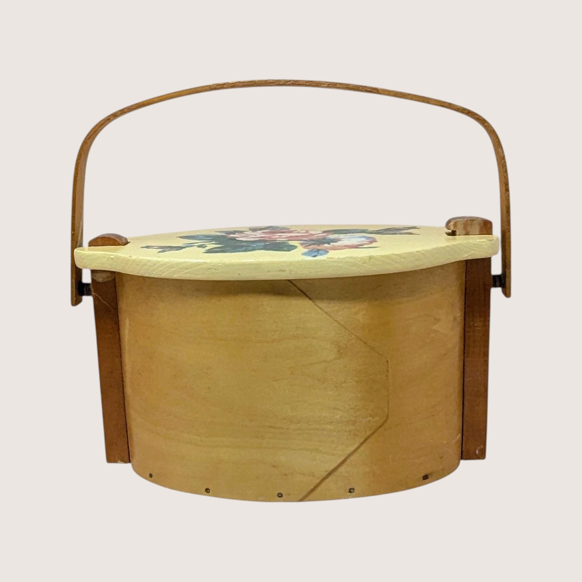 Vintage Basketville Vermont Floral Lidded Wood Basket
