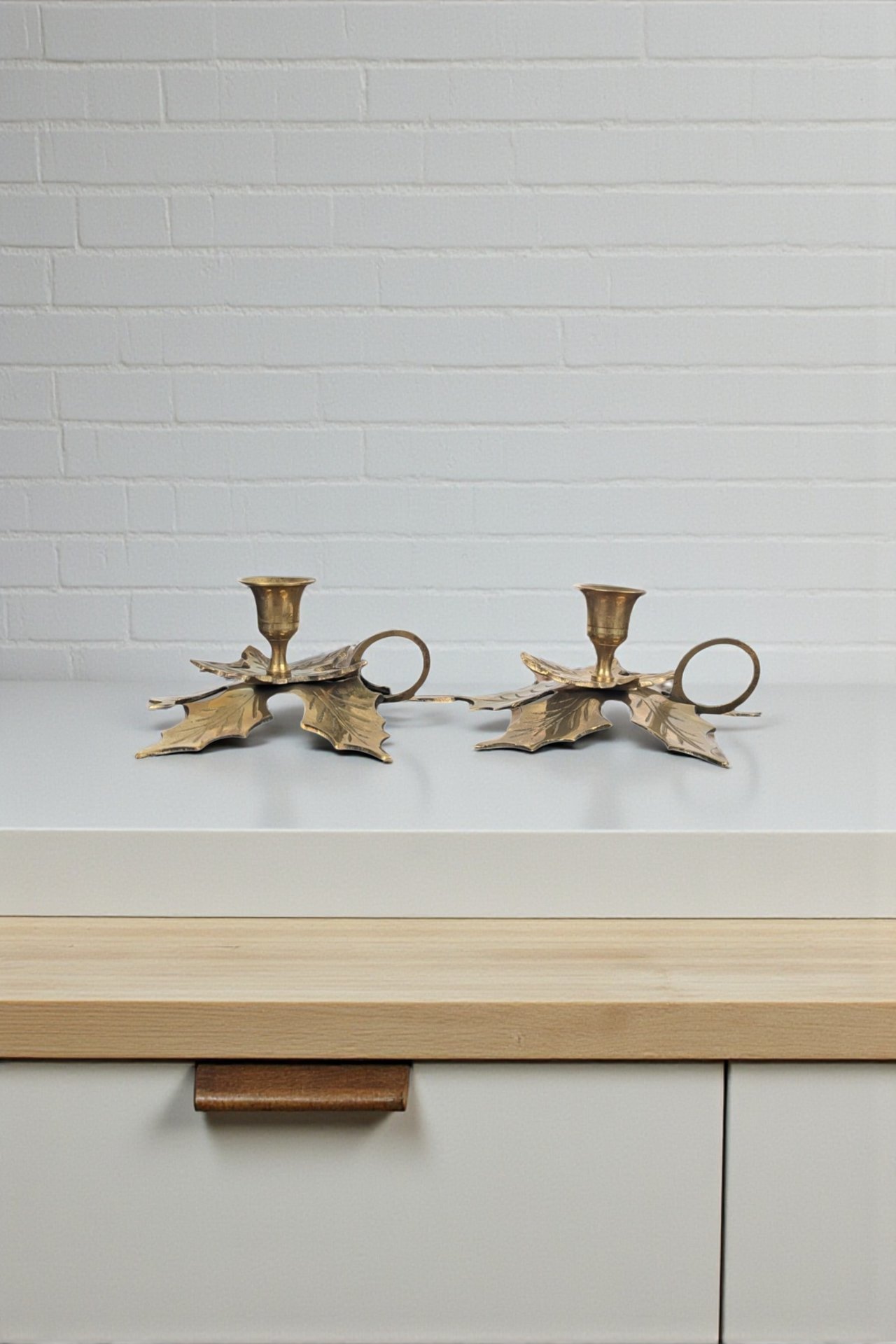 Vintage Brass Leaf Chamberstick Set