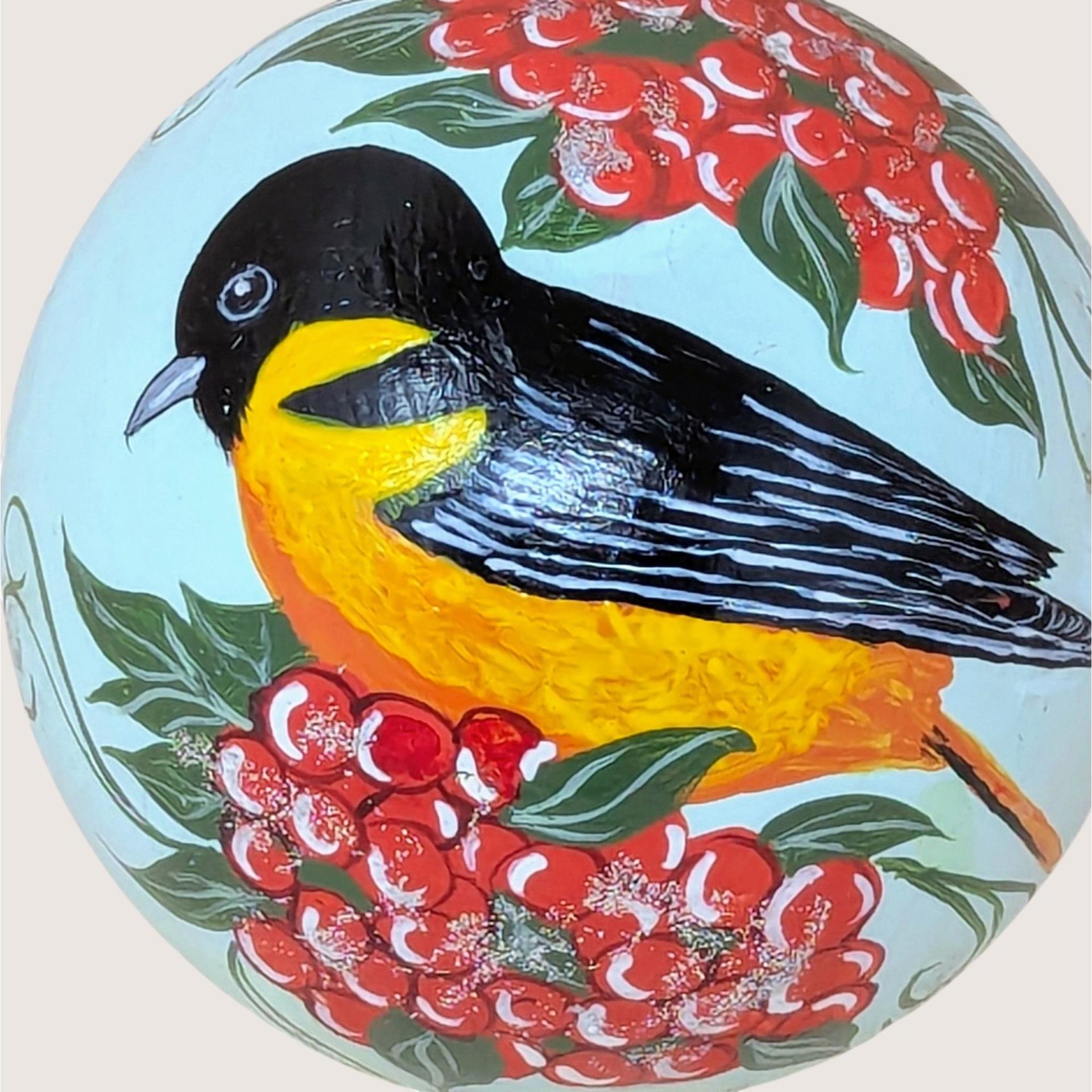 Vintage Hand-Painted Baltimore Oriole Glass Ornament 