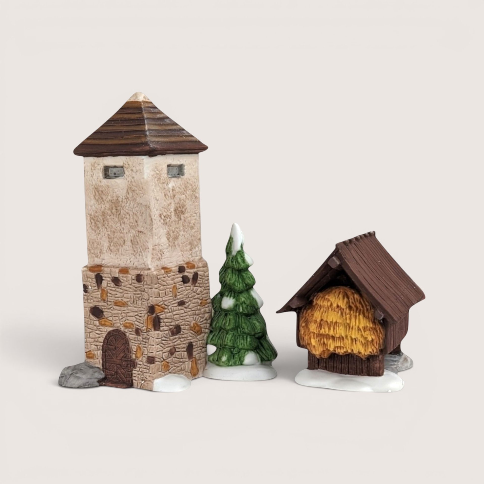 Department 56 Heritage Village miniature hand painted porcelain stone base silo with evergreen tree and wood timber hay shed.