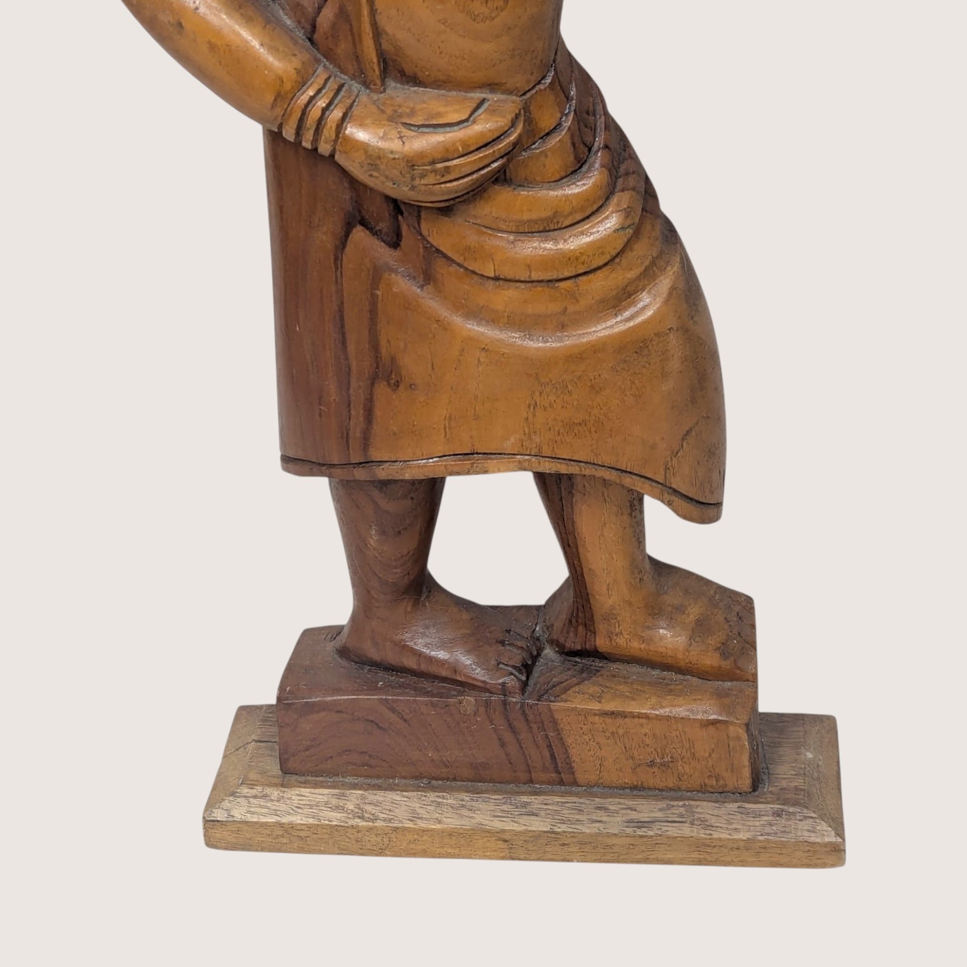 1970s Hand Carved Solid Wood Woman with Basket Statue