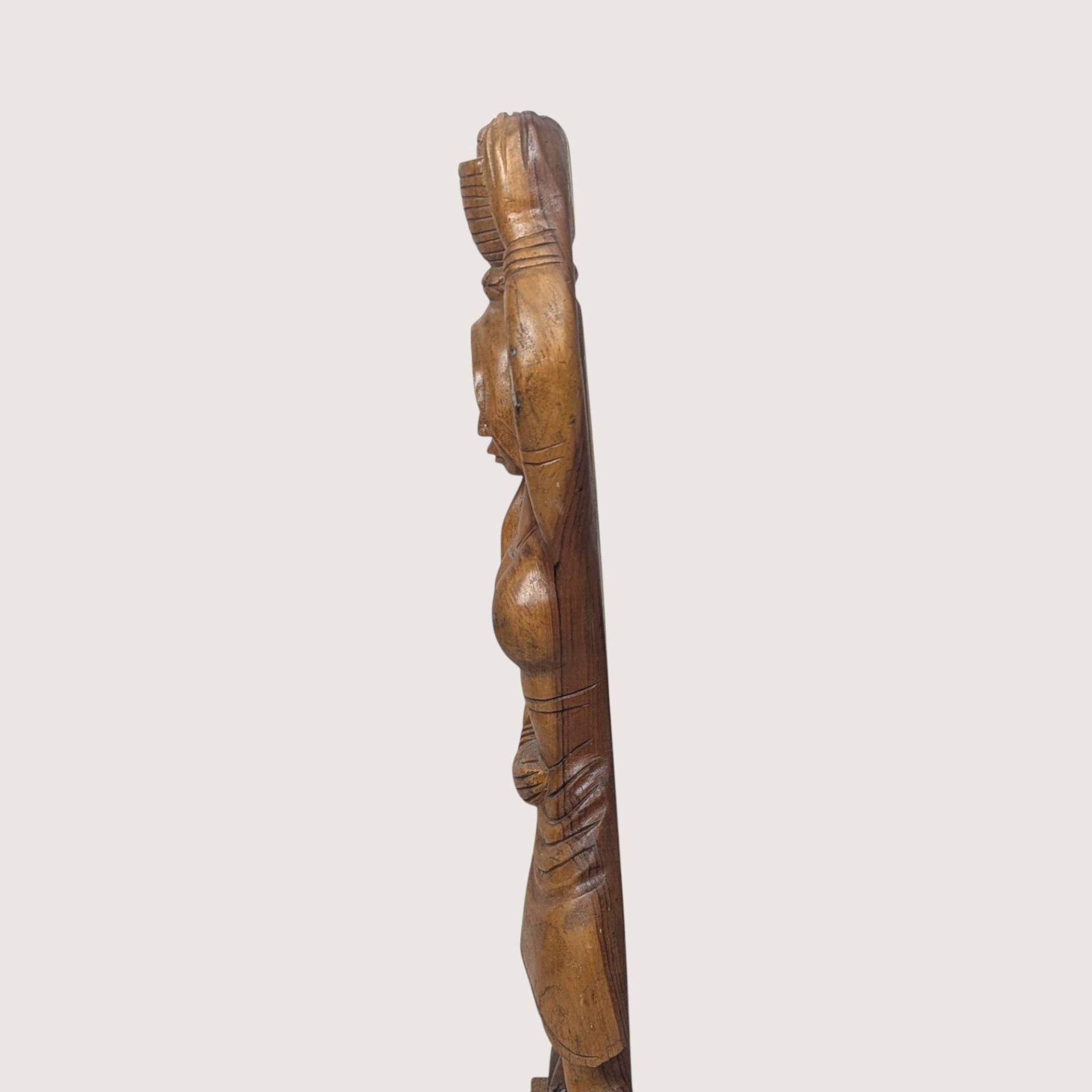 1970s Hand Carved Solid Wood Woman with Basket Statue