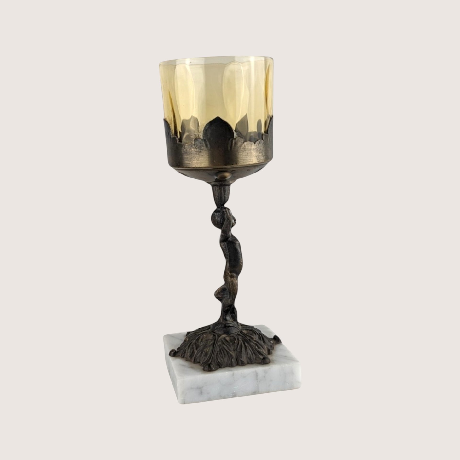 Vintage Italian Cherub Marble Base Amber Glass Votive Holder