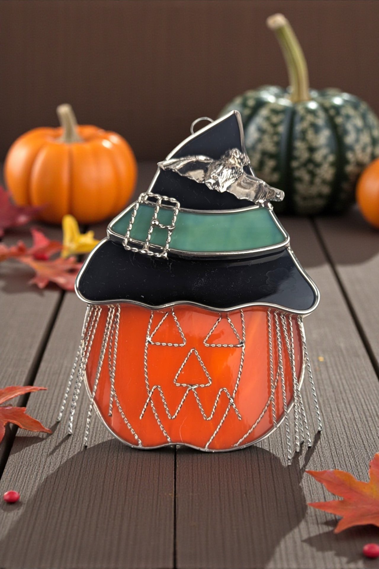 Vintage Stained Glass Jack O' Lantern Suncatcher