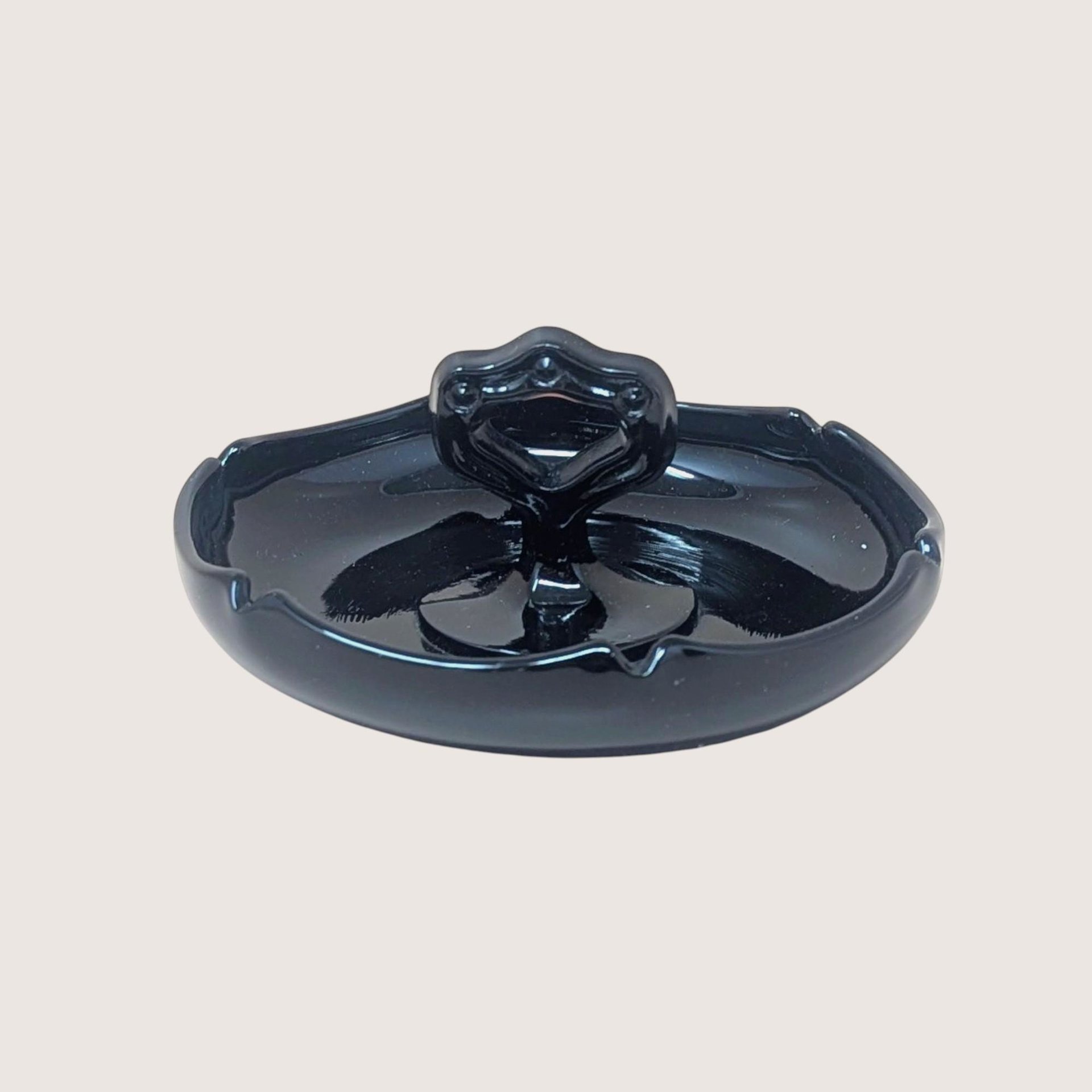 1930s Ornate Handled Black Glass Dish