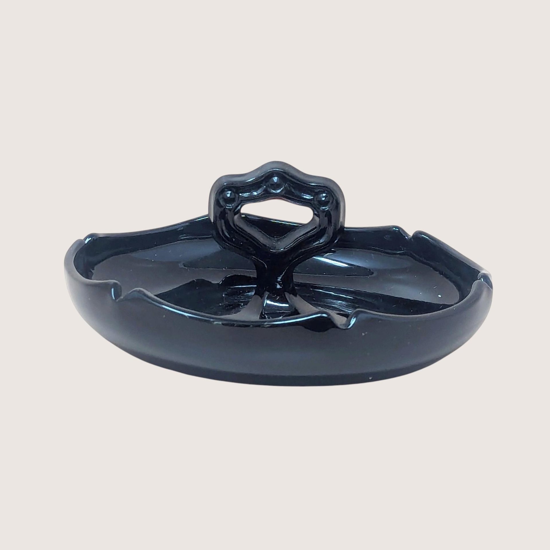 1930s Ornate Handled Black Glass Dish