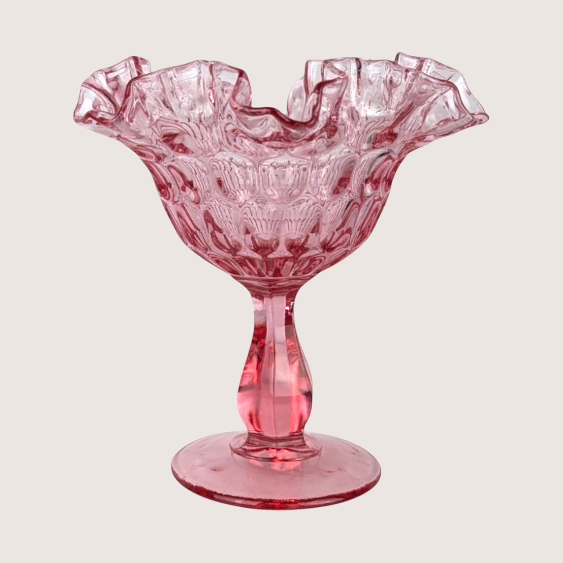 Vintage Fenton Cranberry Glass Pink Thumbprint Pedestal Compote