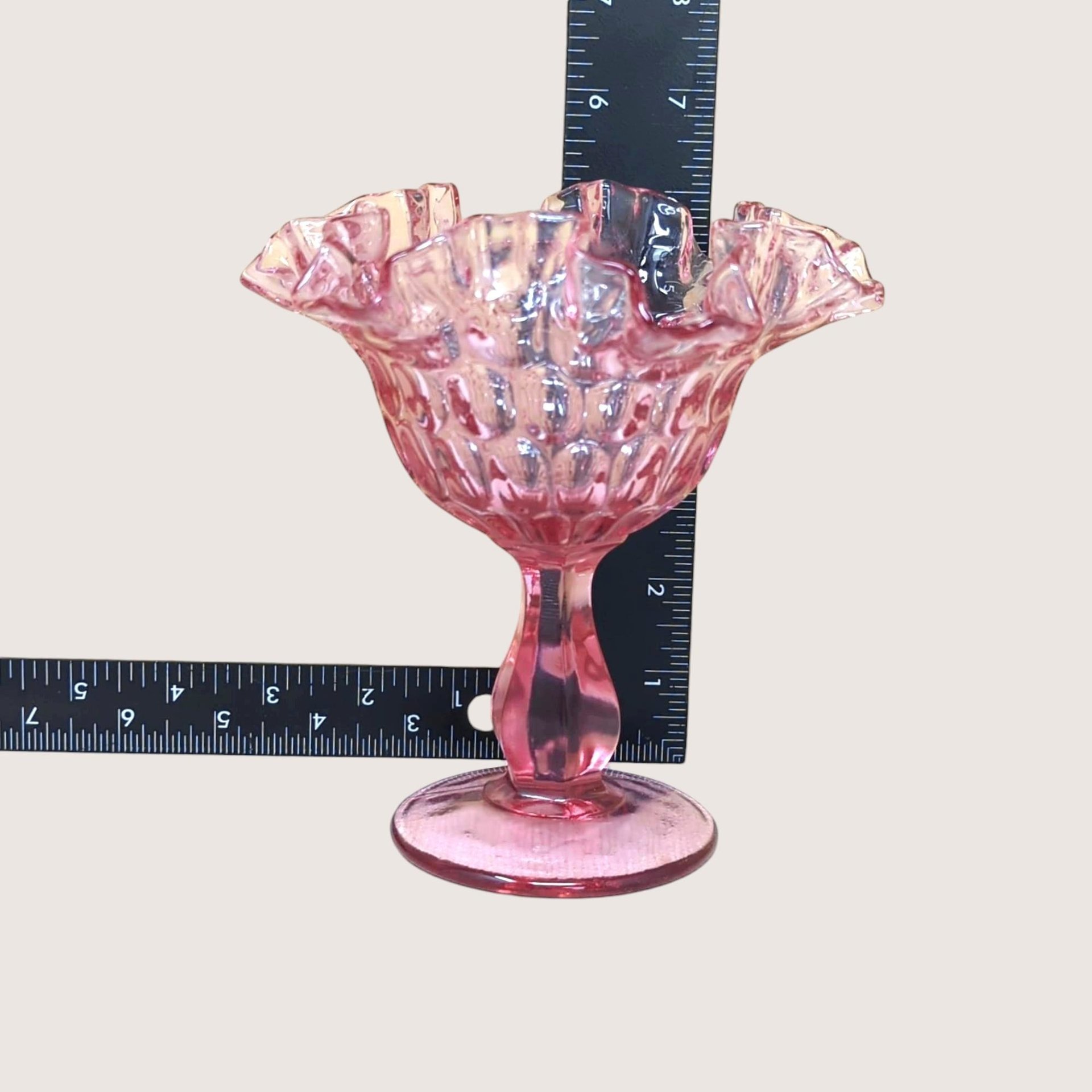 Vintage Fenton Cranberry Glass Pink Thumbprint Pedestal Compote
