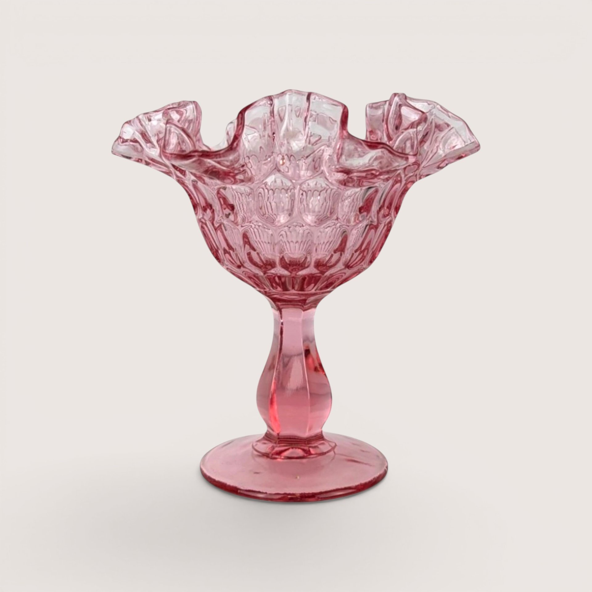 Vintage Fenton Cranberry Glass Pink Thumbprint Pedestal Compote