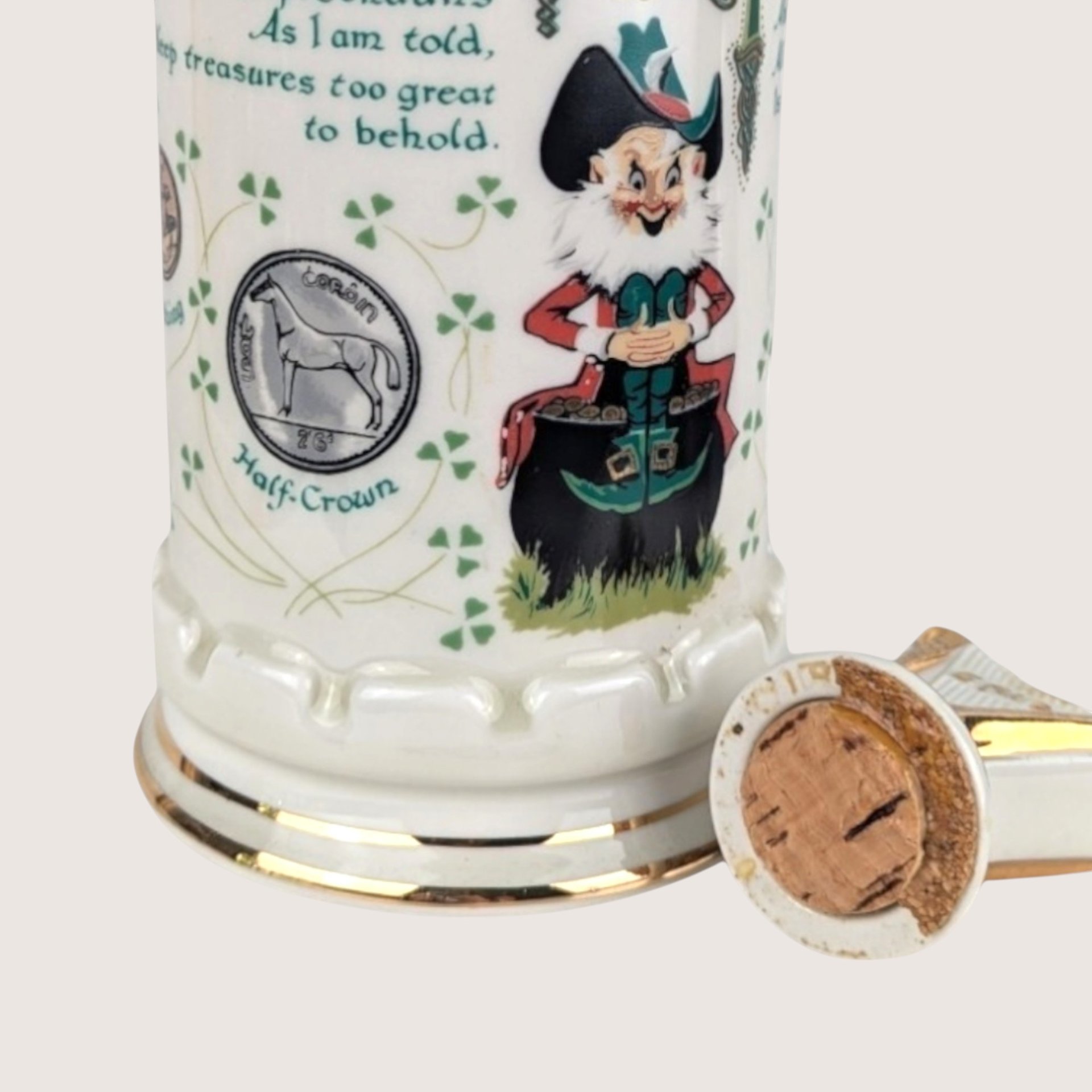 Empty 1970s JP Van Winkle Ceramic Old Commonwealth Coins of Ireland Decanter