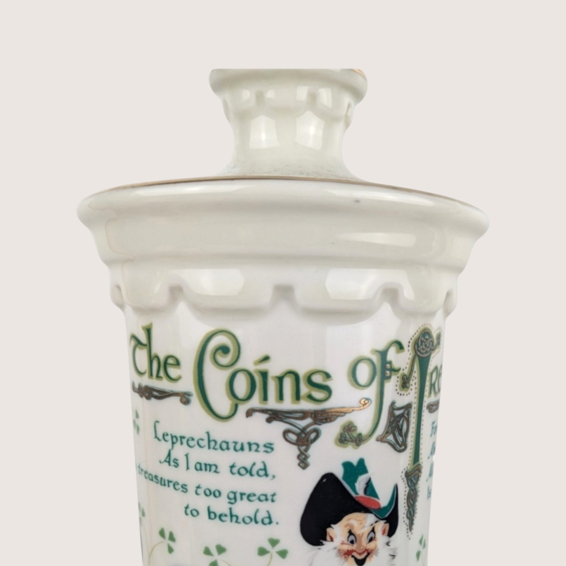 Empty 1970s JP Van Winkle Ceramic Old Commonwealth Coins of Ireland Decanter