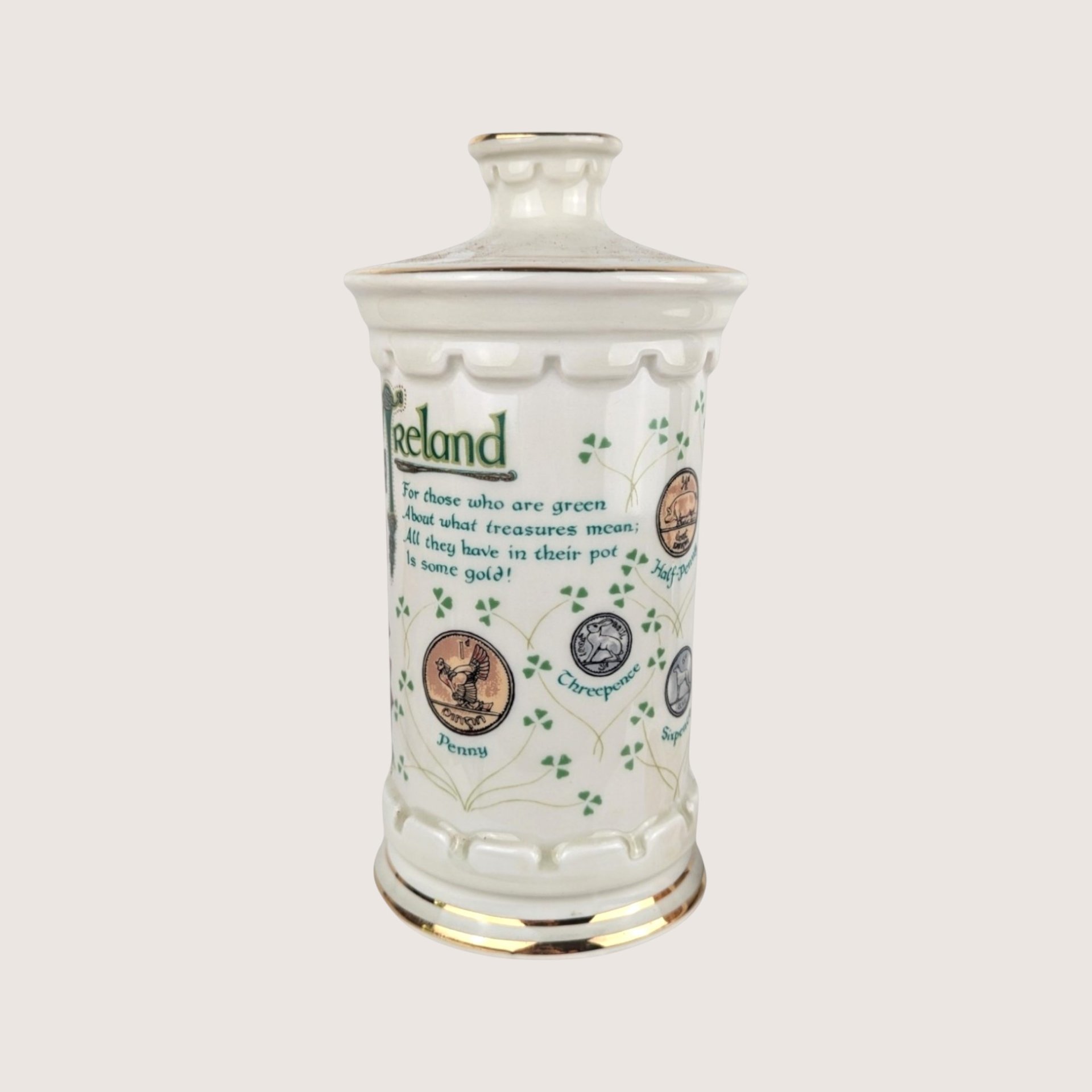 Empty 1970s JP Van Winkle Ceramic Old Commonwealth Coins of Ireland Decanter