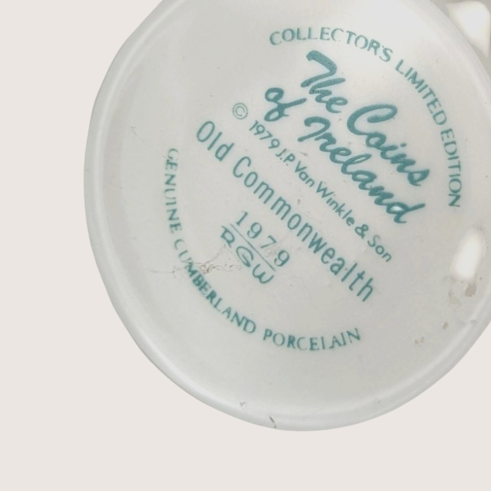 Empty 1970s JP Van Winkle Ceramic Old Commonwealth Coins of Ireland Decanter