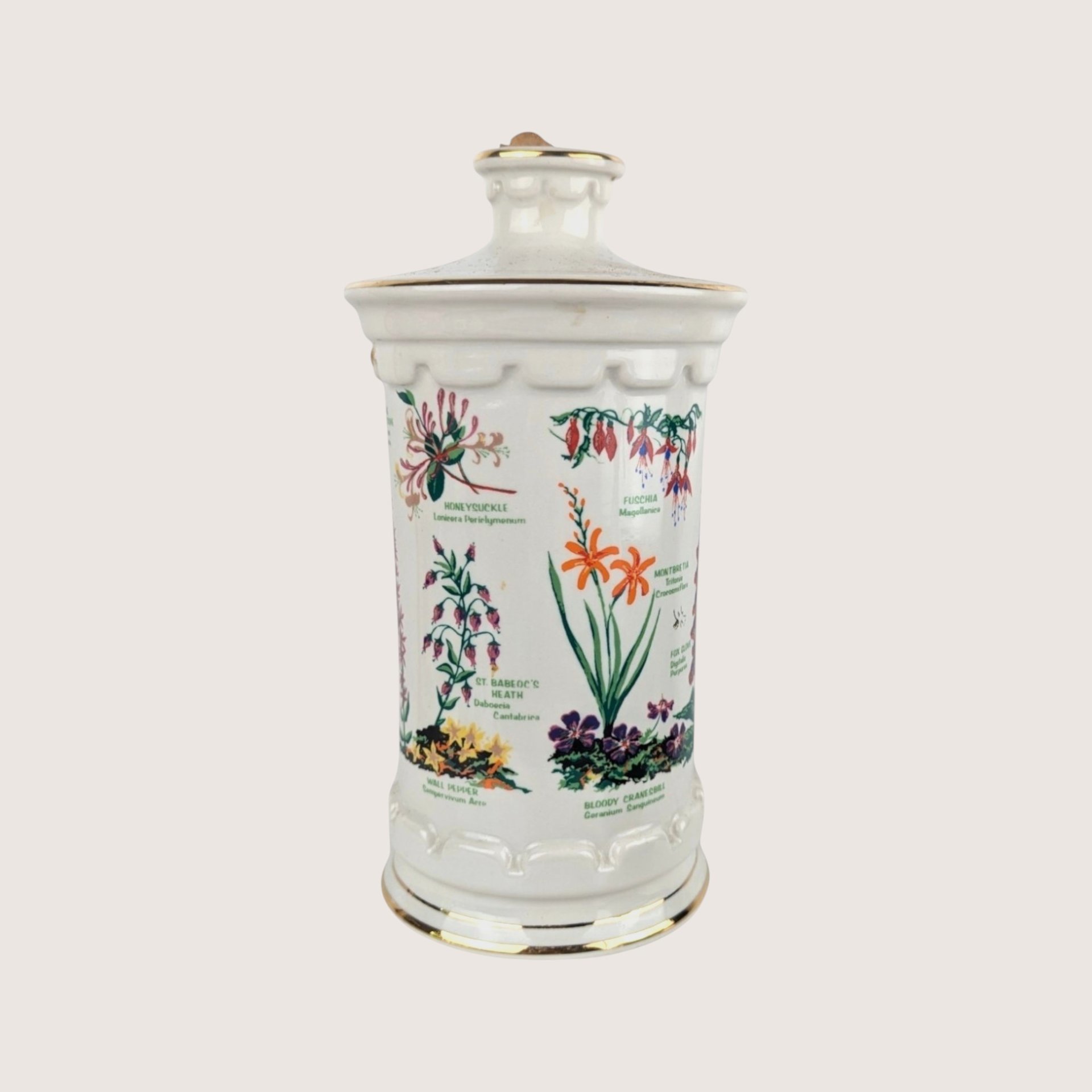 Empty 1980s JP Van Winkle Ceramic Old Commonwealth Flowers of Ireland Decanter