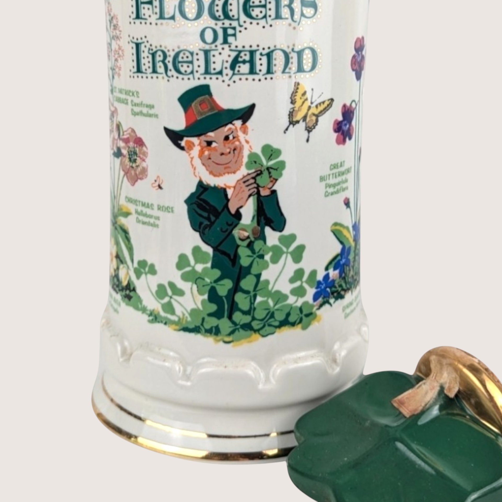 Empty 1980s JP Van Winkle Ceramic Old Commonwealth Flowers of Ireland Decanter