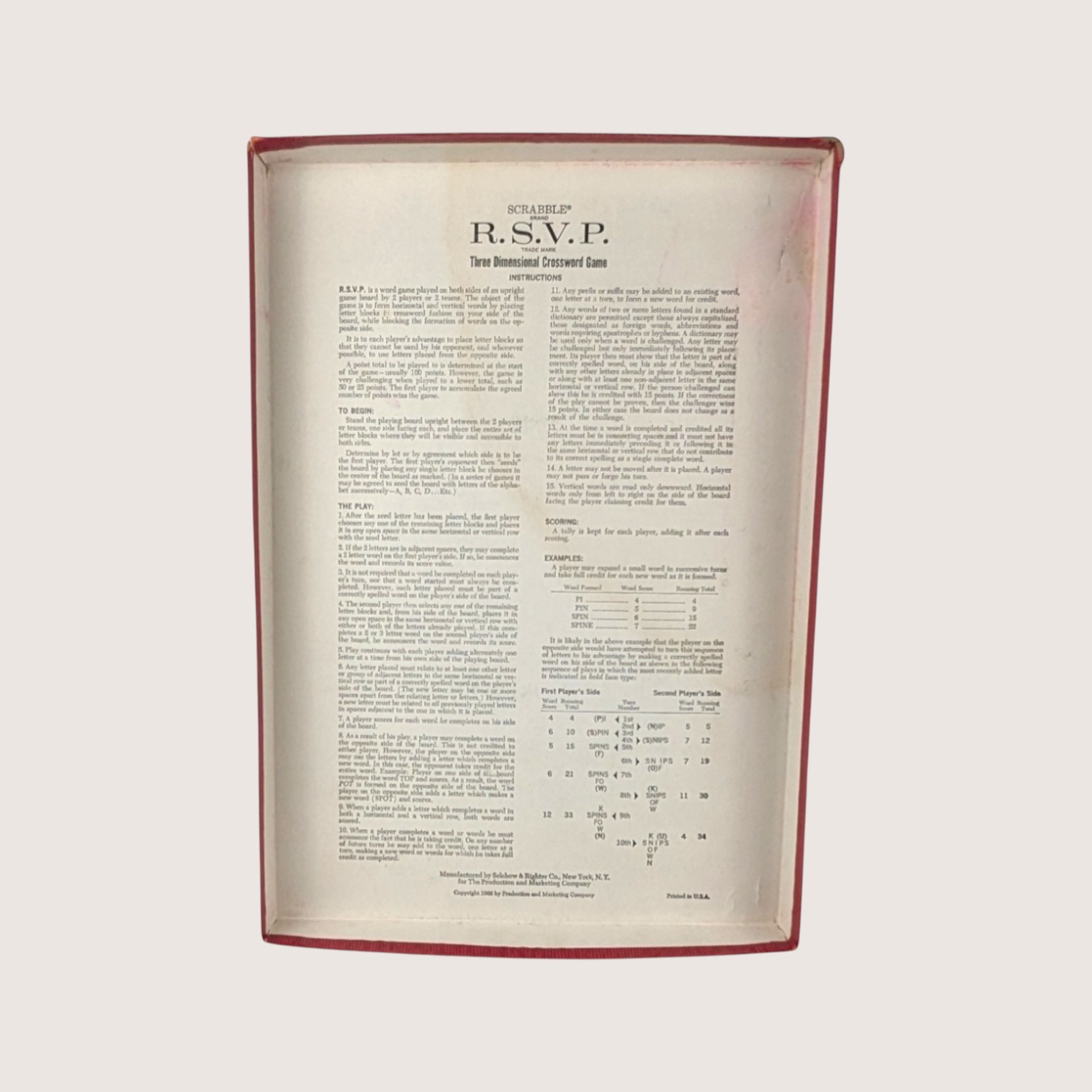 1966 Selchow Righter Scrabble RSVP Three Dimensional Crossword Game 