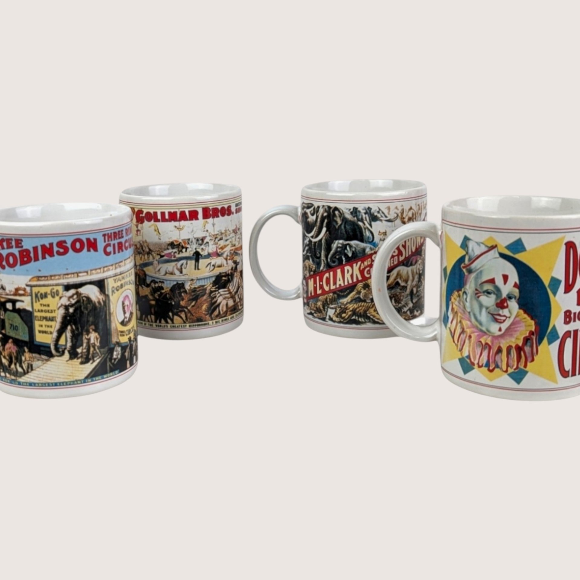 1980s Flambro Ceramic Circus Poster Mugs Set