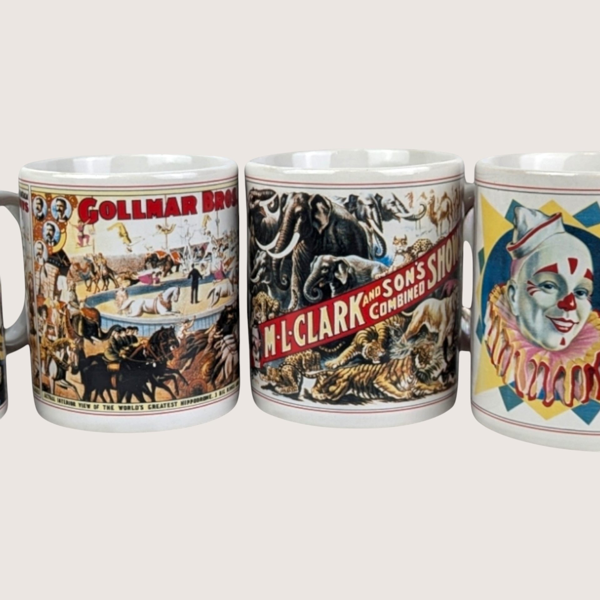 1980s Flambro Ceramic Circus Poster Mugs Set