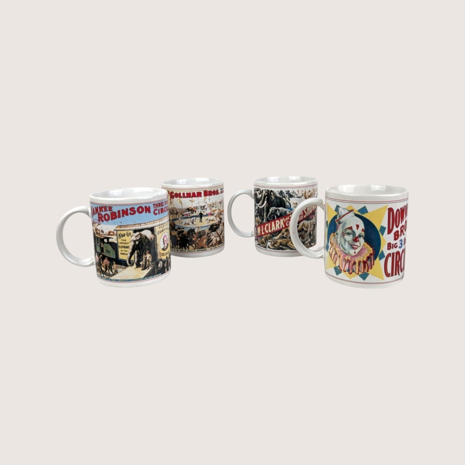 1980s Flambro Ceramic Circus Poster Mugs Set
