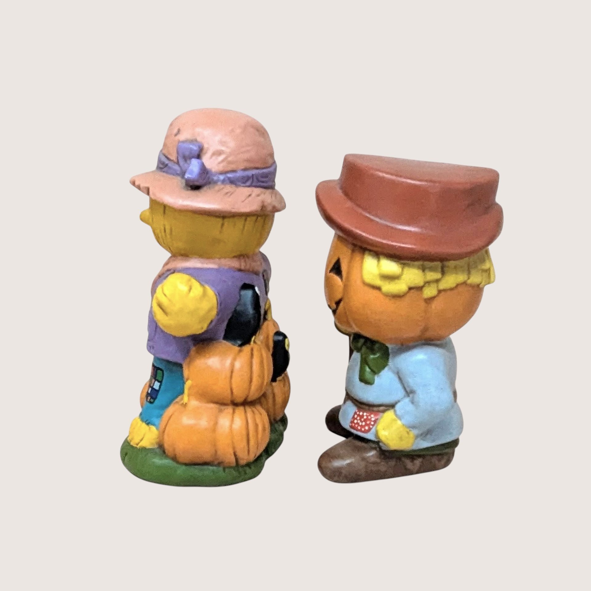 1970s Halloween Ceramic Scarecrow and Jack O Lantern Figurines
