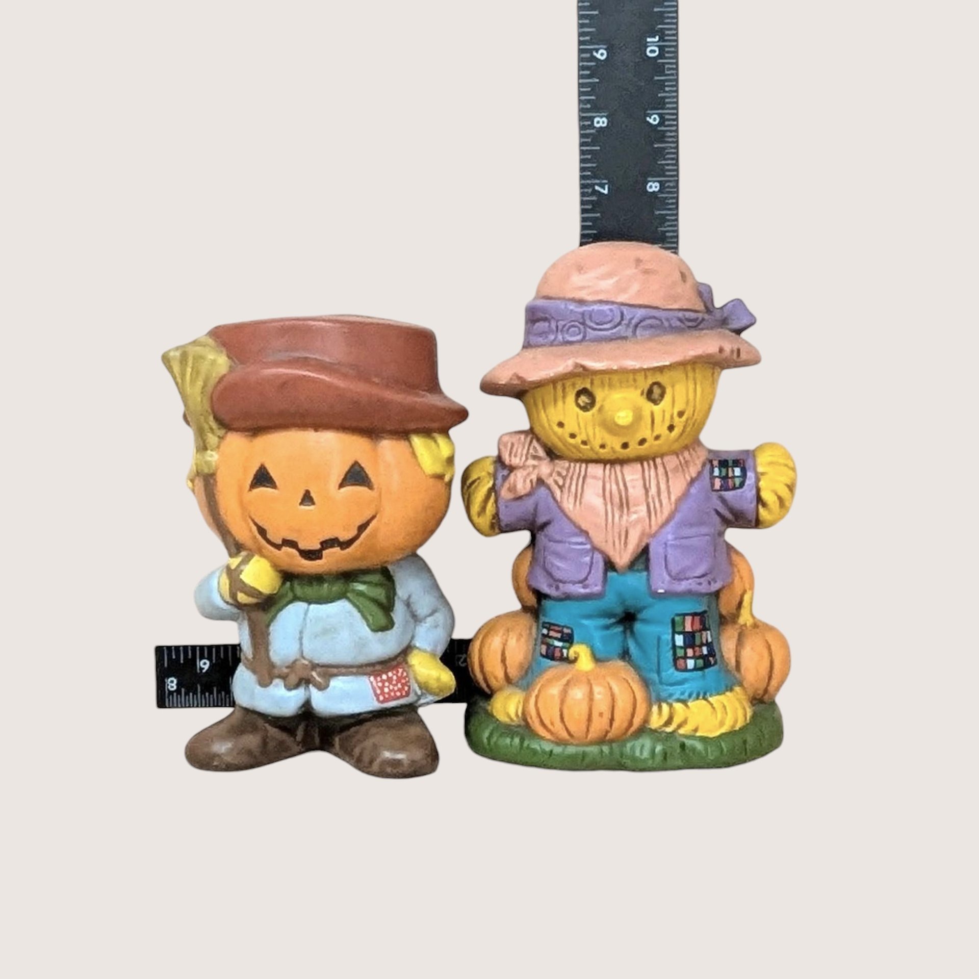 1970s Halloween Ceramic Scarecrow and Jack O Lantern Figurines