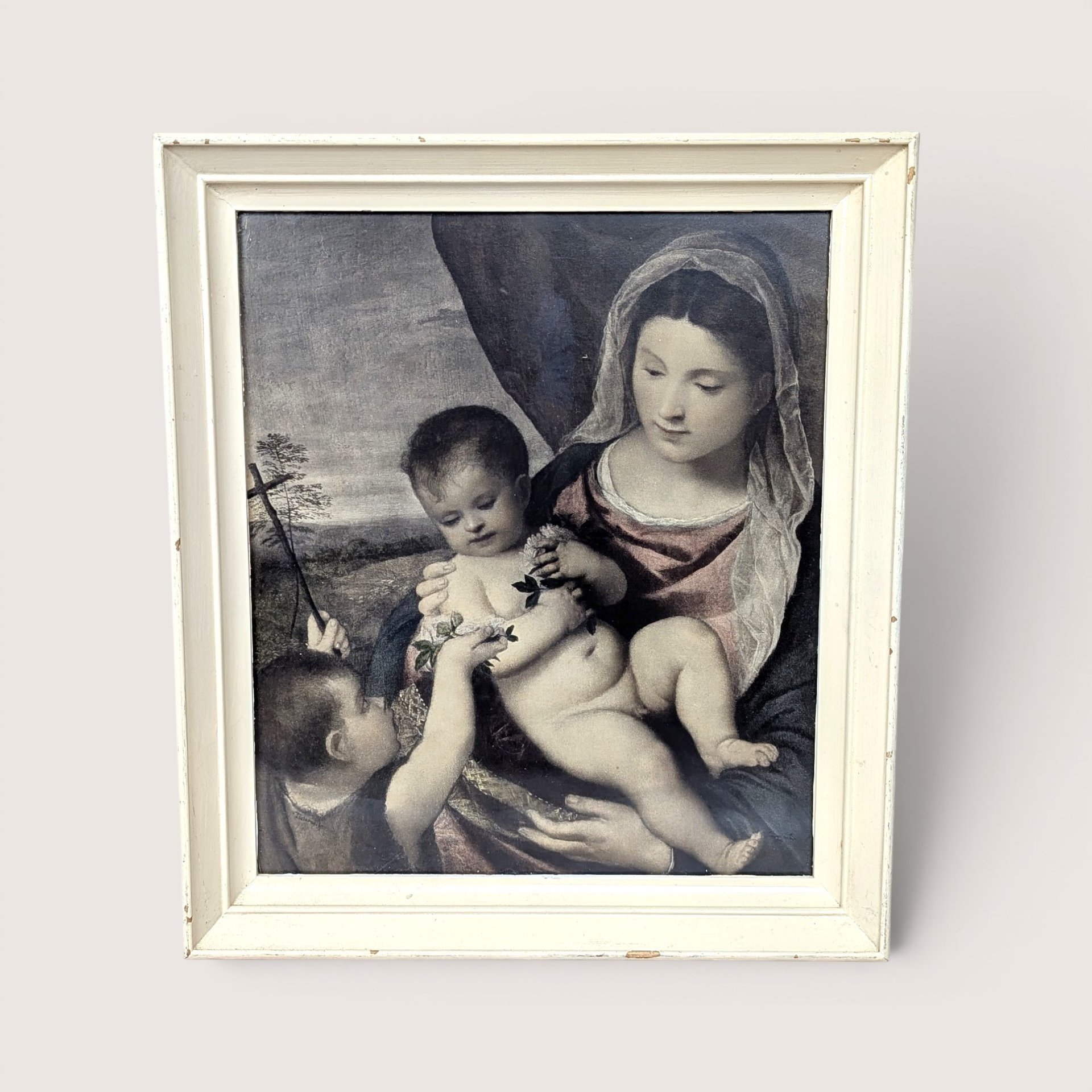Framed classical art print depicting the Madonna and Child with an infant John the Baptist, on a neutral background.