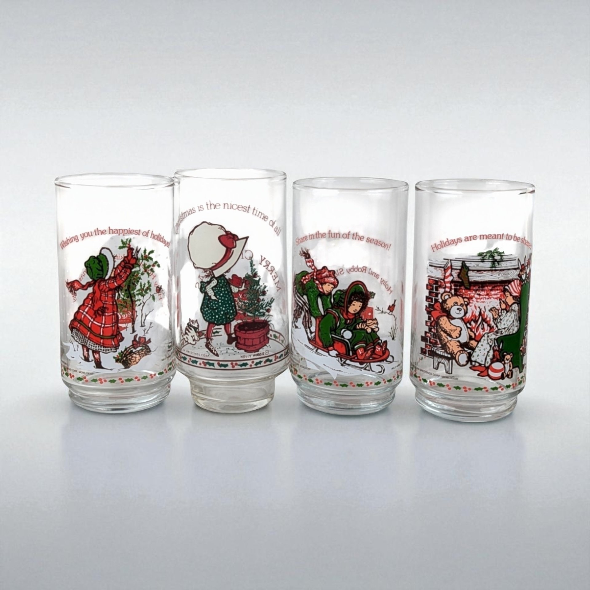 1982 Coca Cola Holly Hobbie Christmas Glasses, Vintage Set of 4 Collectible Holiday Drinkware, Gift for Nostalgia Lovers