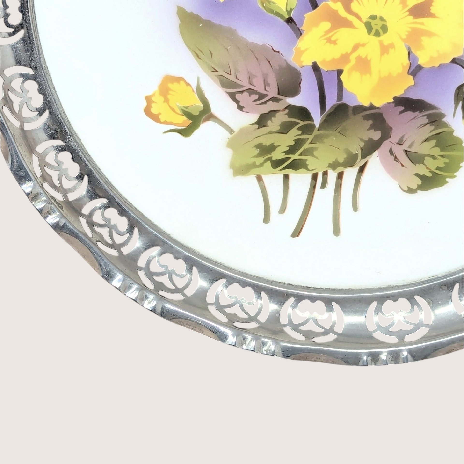1960s BMF Germany Floral Porcelain Tray with Silver Plate Gallery Rim