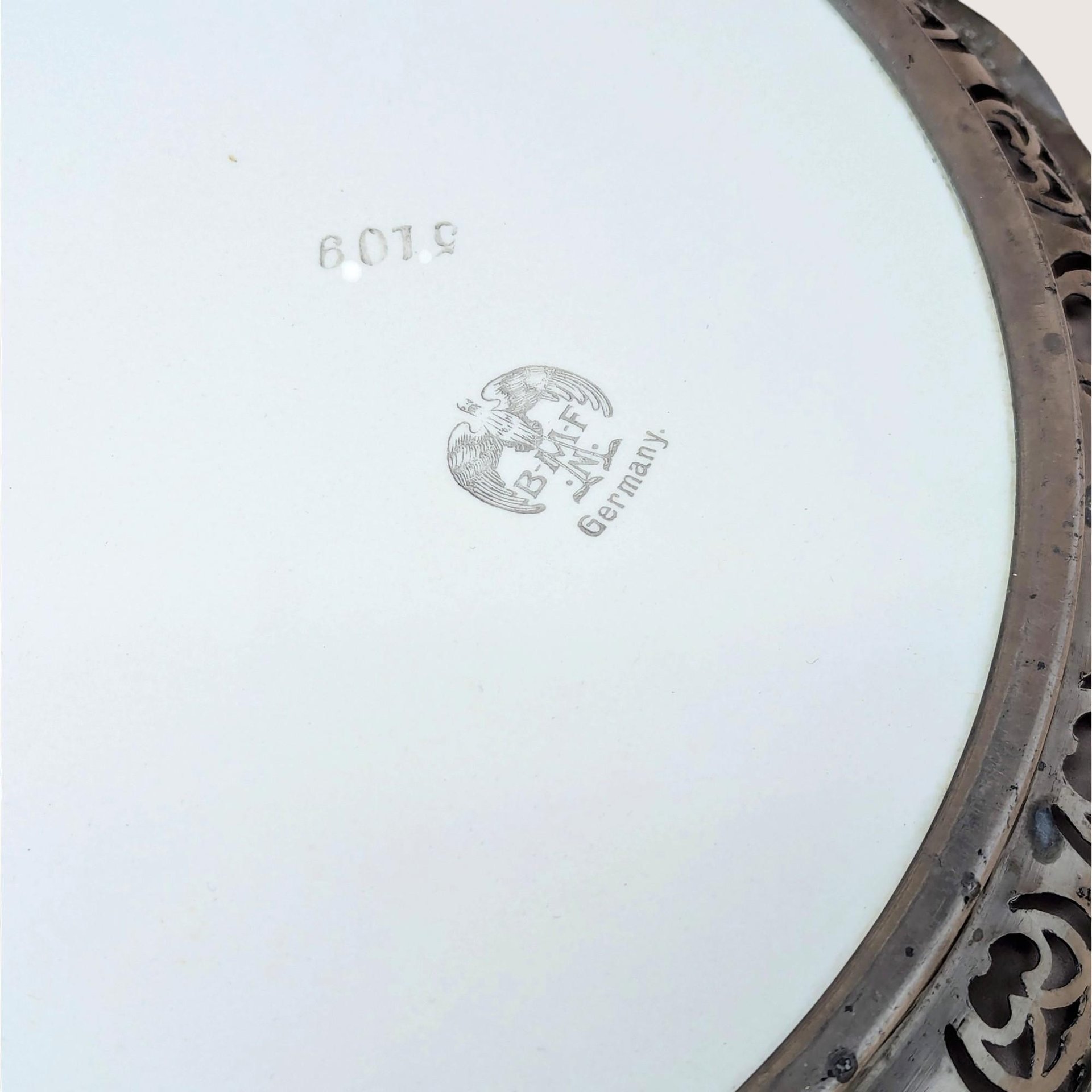 1960s BMF Germany Floral Porcelain Tray with Silver Plate Gallery Rim