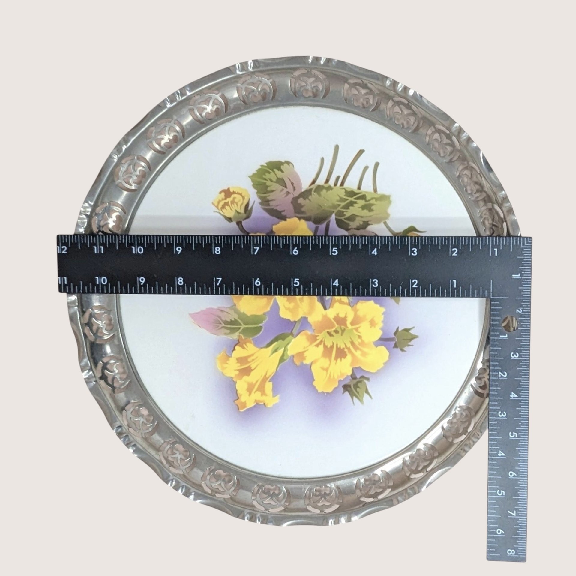 1960s BMF Germany Floral Porcelain Tray with Silver Plate Gallery Rim