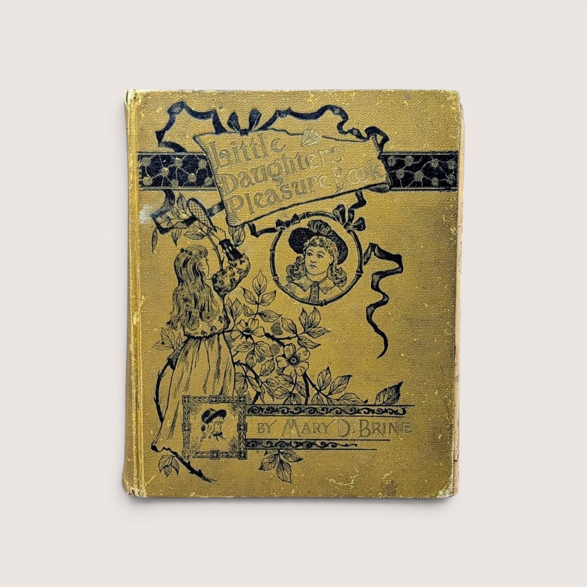 An antique gold book cover titled "Little Daughter's Pleasure Book" by Mary D. Brine, centered on a beige background.