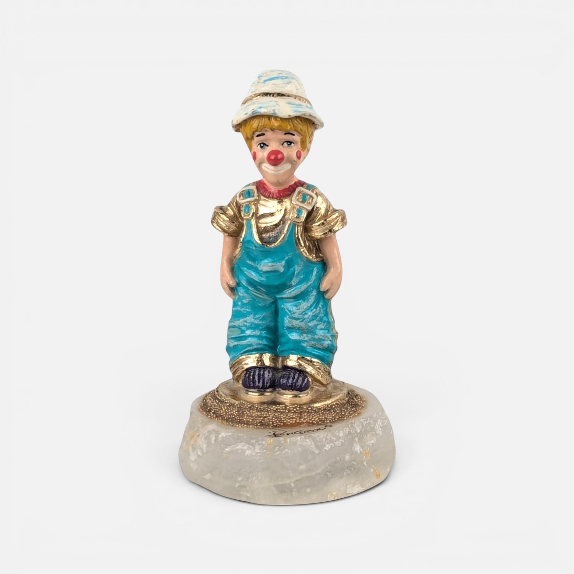 Vintage 2000 Ron Lee hand painted Rascal clown figurine in blue overalls on a polished onyx base