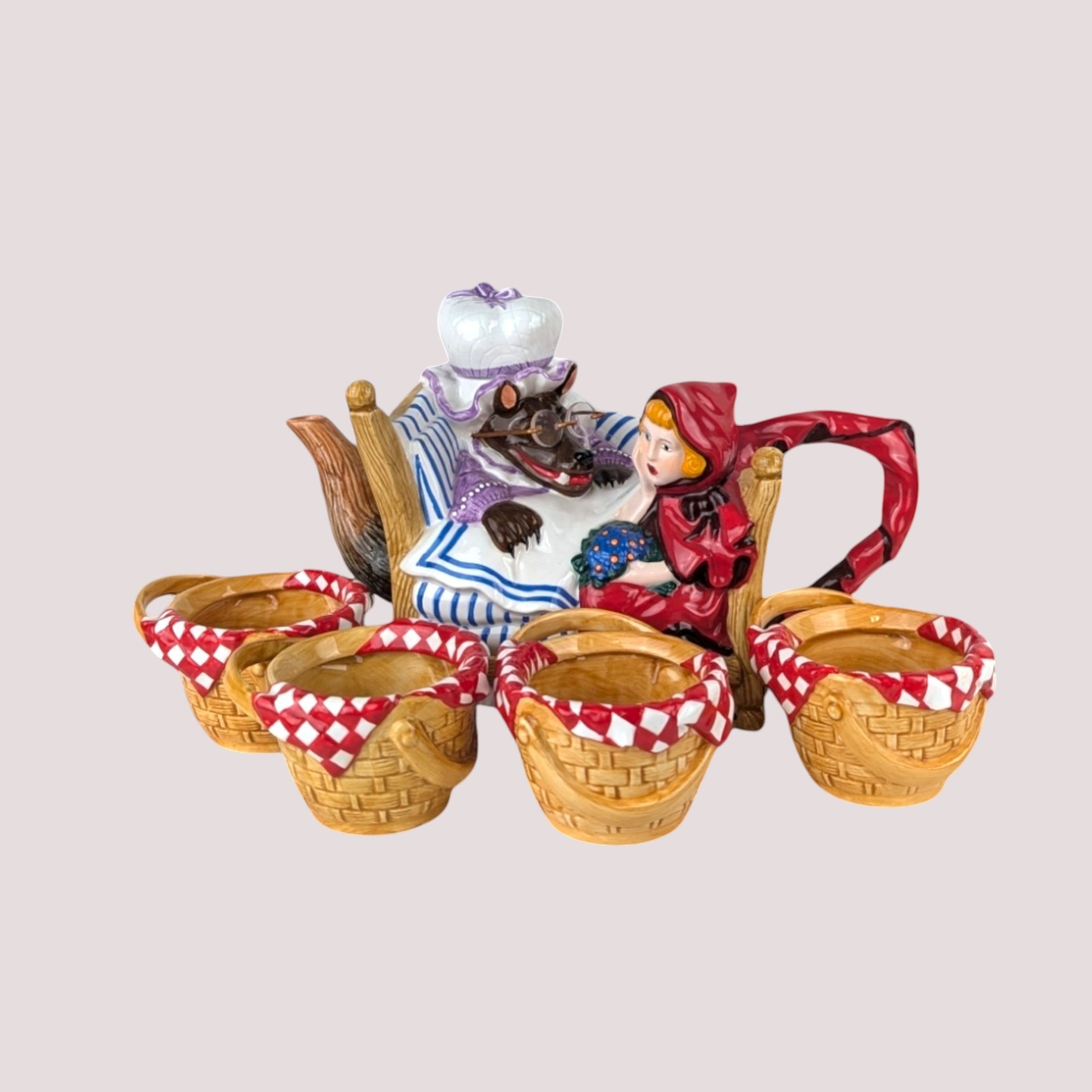 1990s Dept 56 Ceramic Little Red Riding Hood Teapot and Tea Cup Set