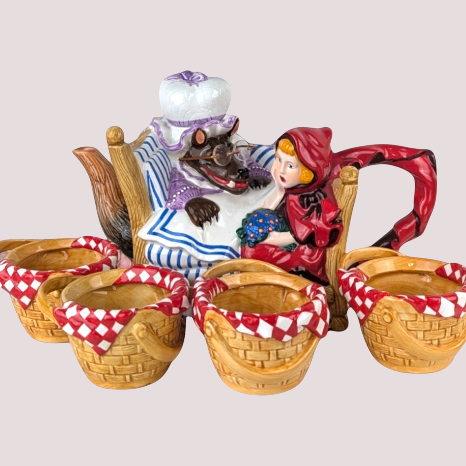 1990s Dept 56 Ceramic Little Red Riding Hood Teapot and Tea Cup Set