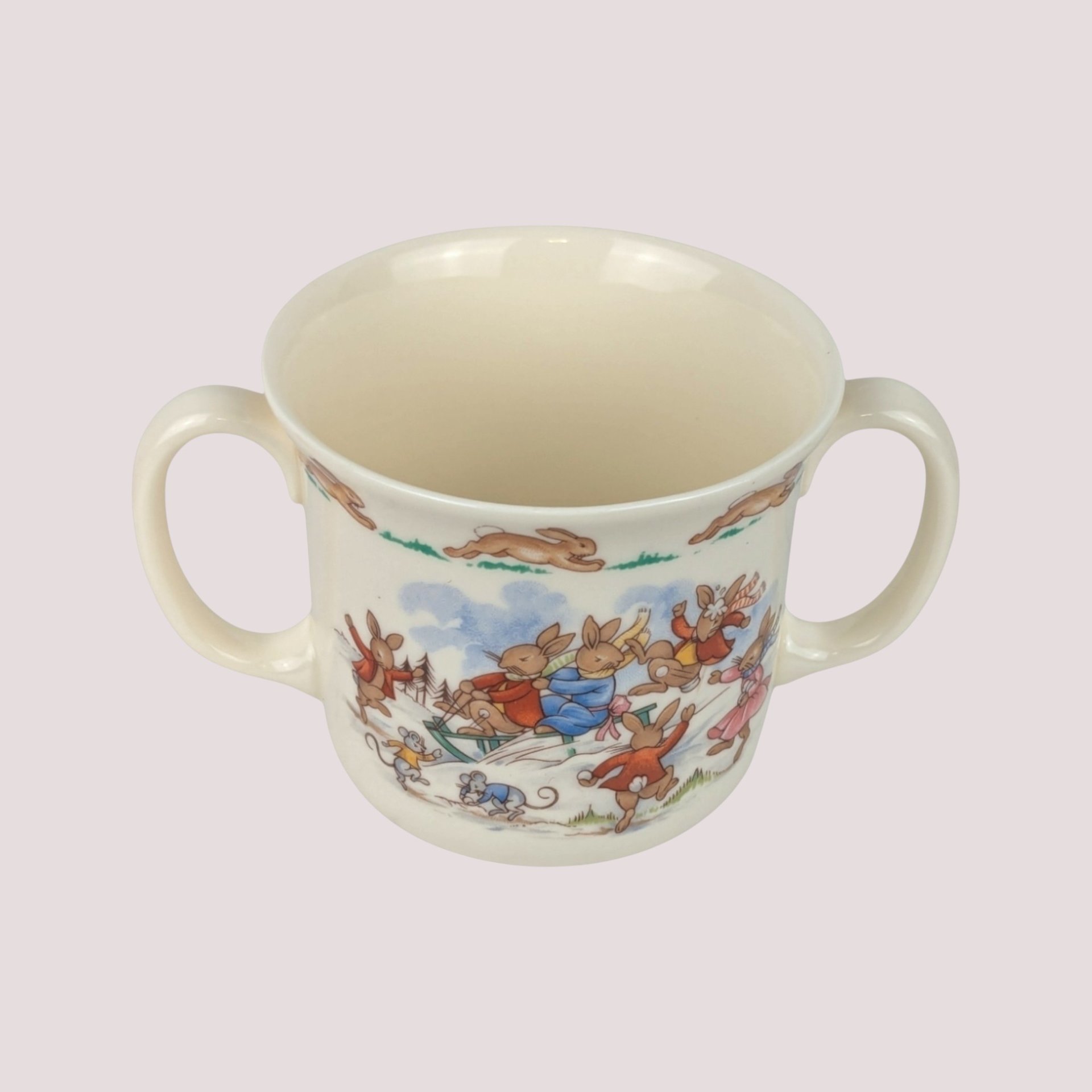 1984 Royal Doulton Bunnykins Sledding 2 Handled Ceramic Mug