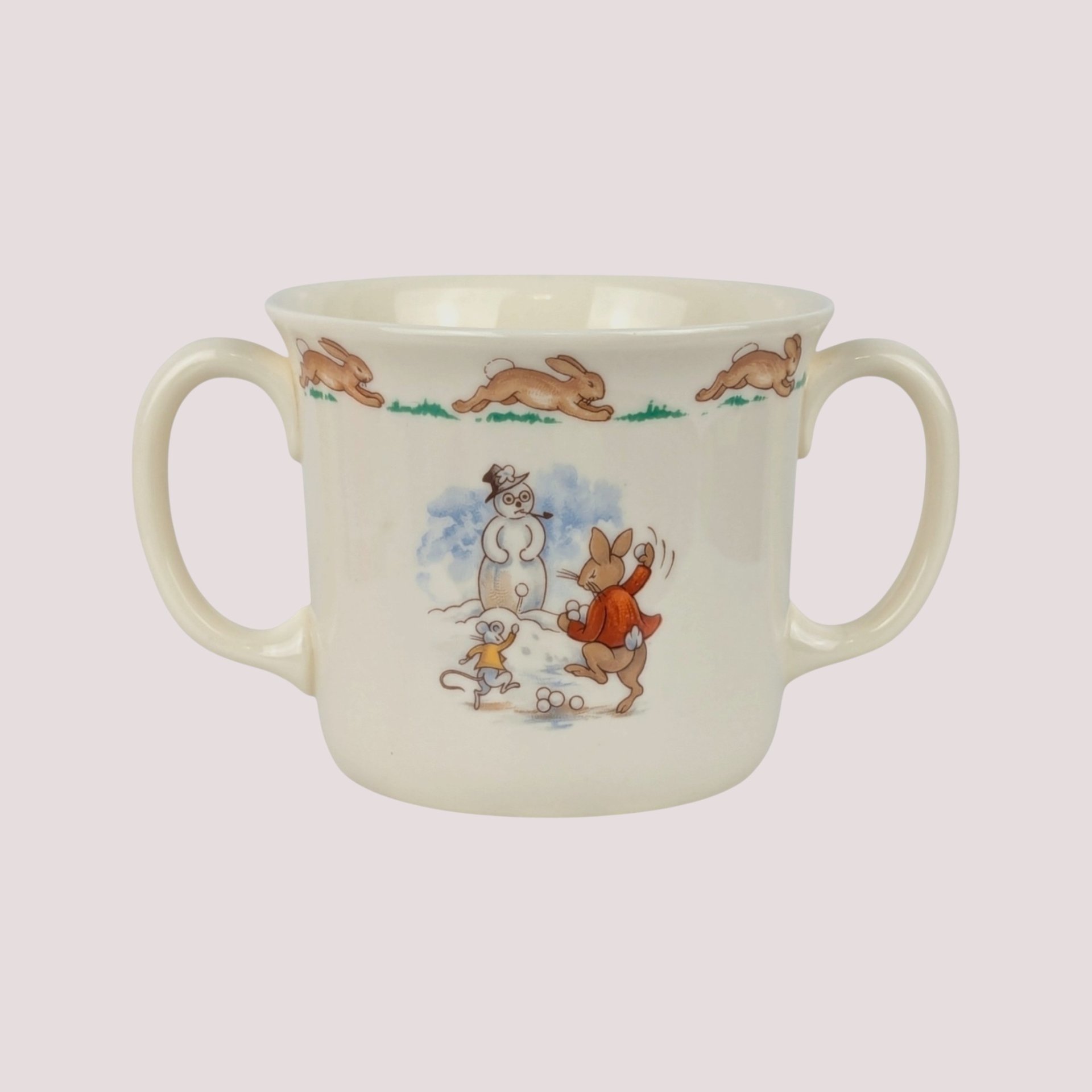 1984 Royal Doulton Bunnykins Sledding 2 Handled Ceramic Mug