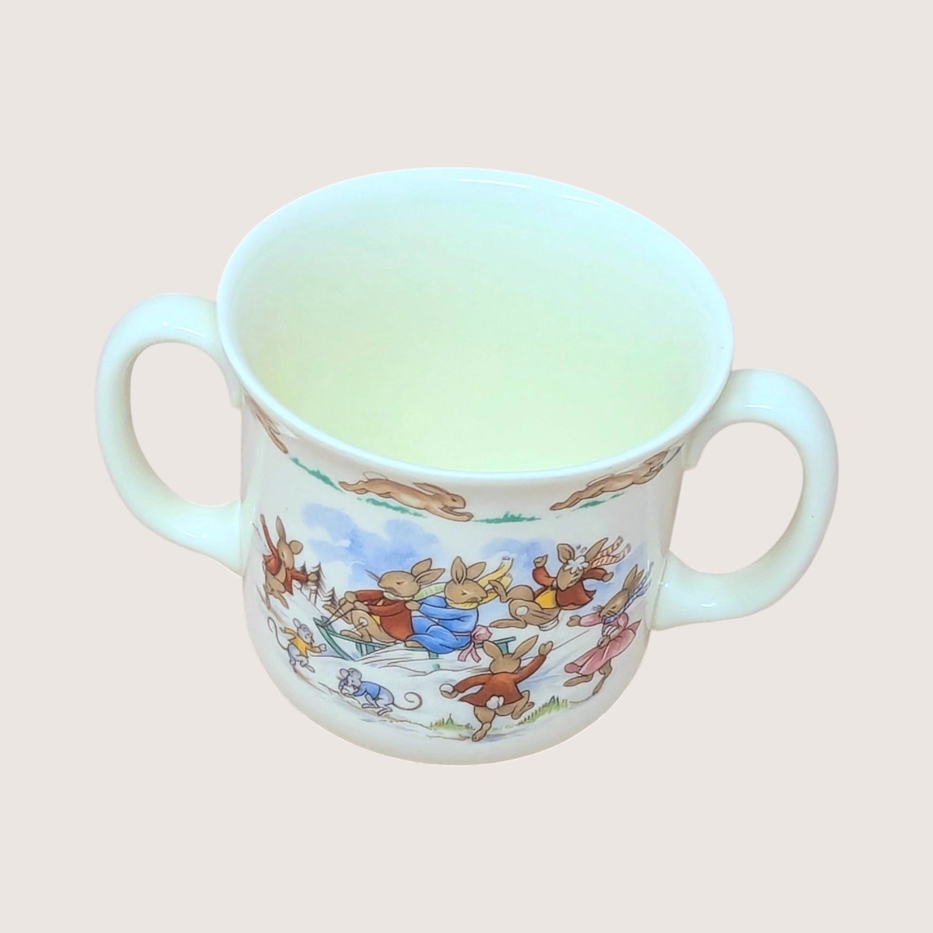 1984 Royal Doulton Bunnykins Sledding 2 Handled Mug