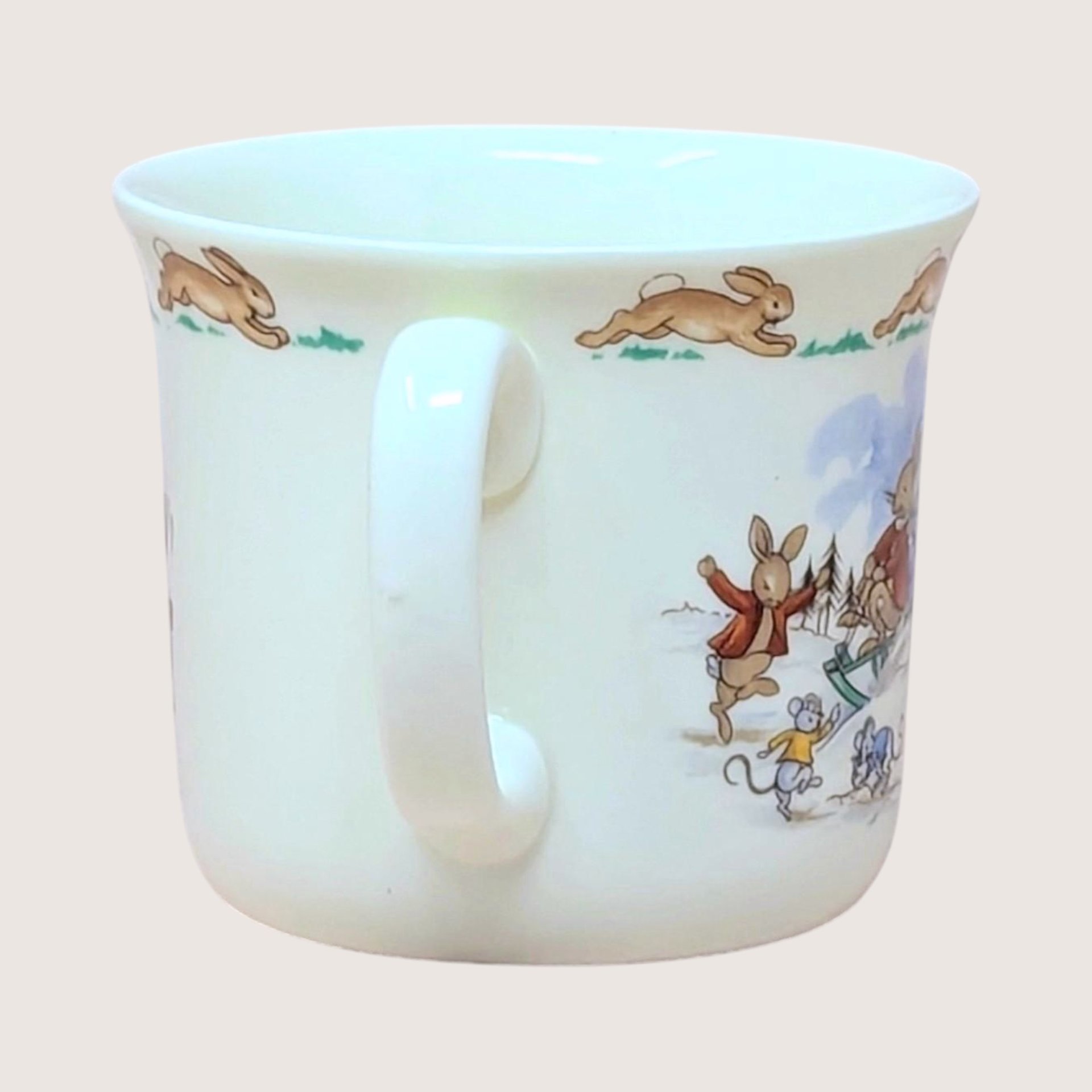 1984 Royal Doulton Bunnykins Sledding 2 Handled Mug