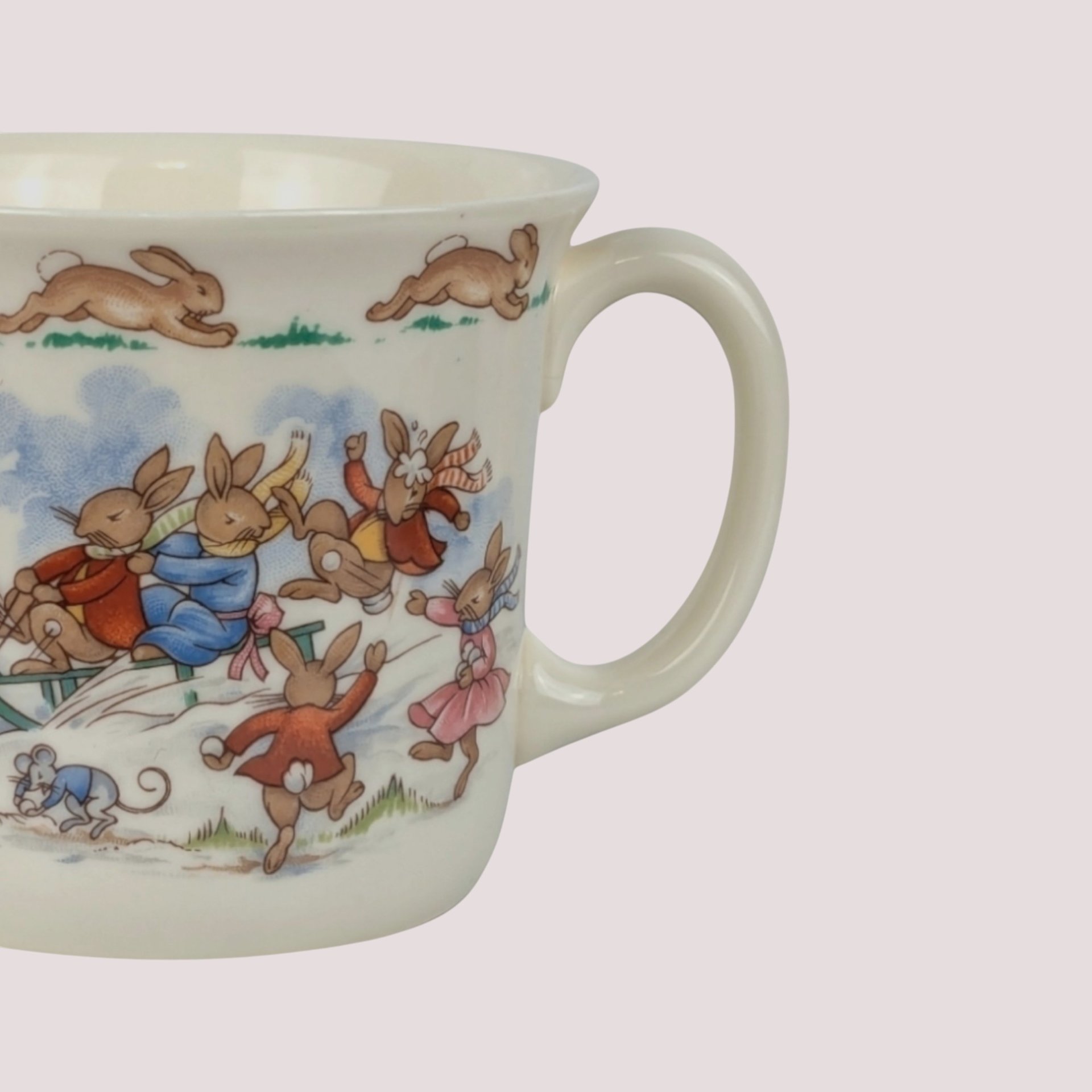 1984 Royal Doulton Bunnykins Sledding 2 Handled Ceramic Mug