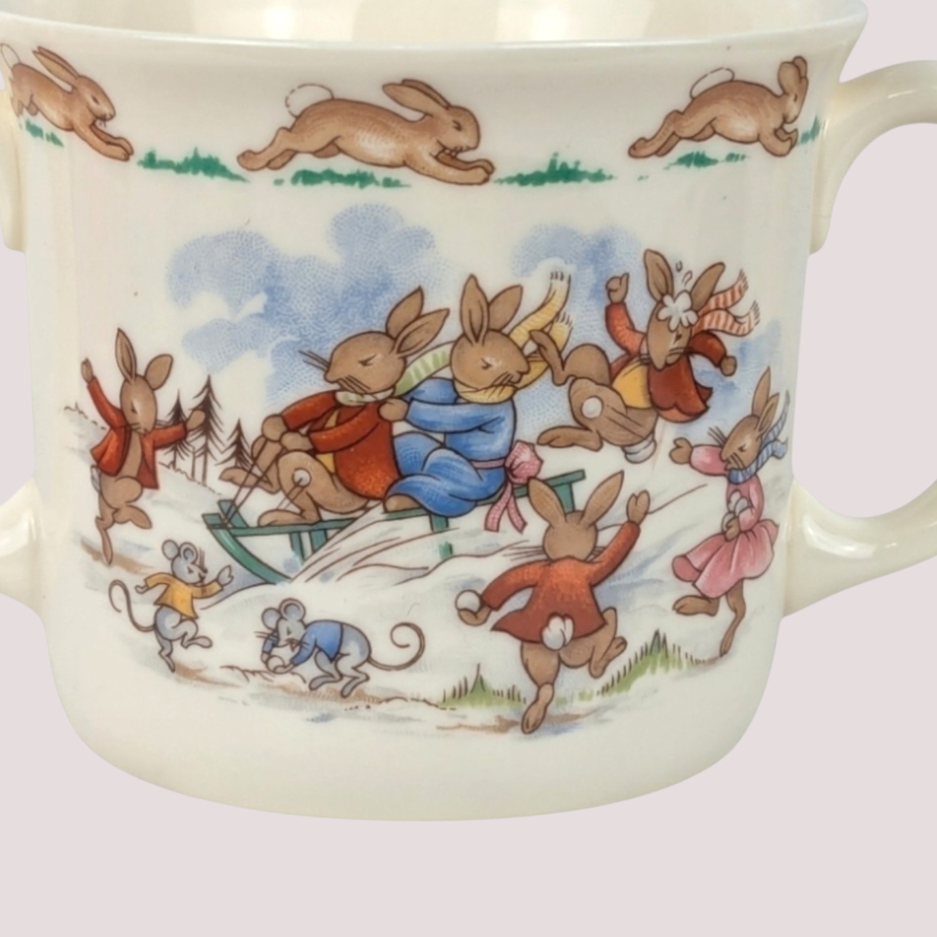 1984 Royal Doulton Bunnykins Sledding 2 Handled Ceramic Mug