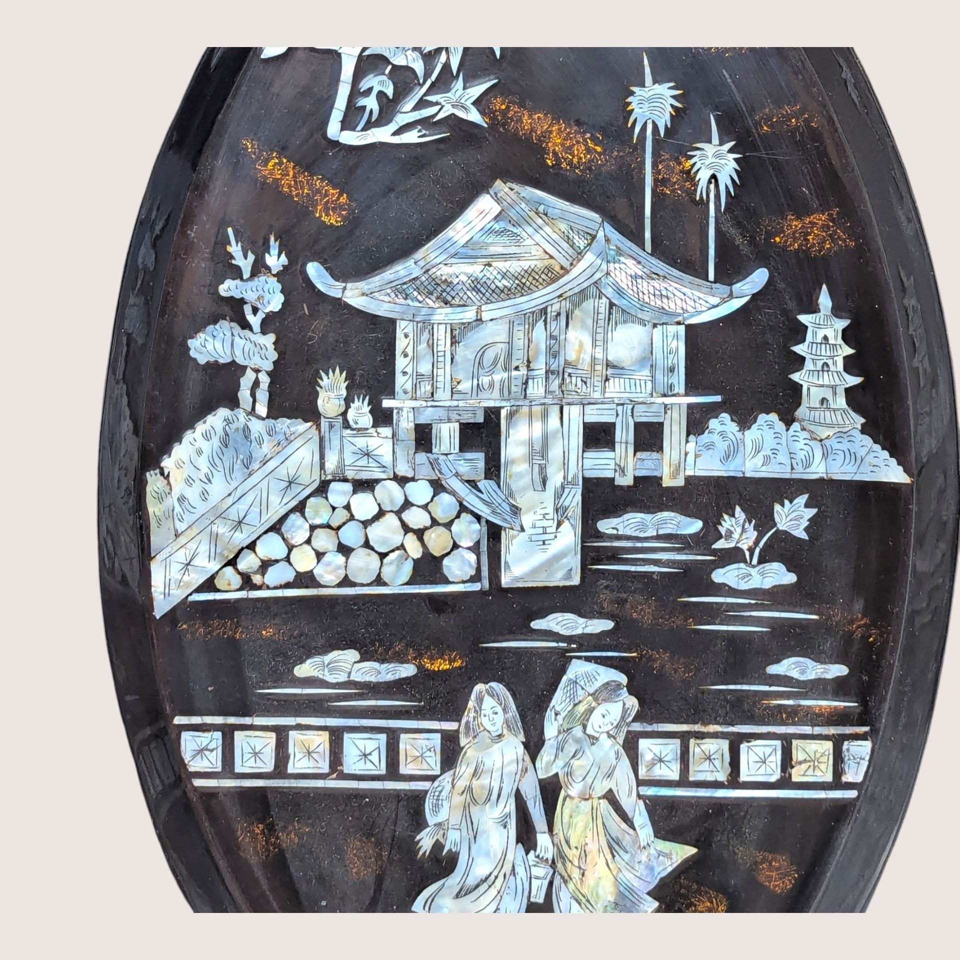 1960s Asian Black Lacquer Mother of Pearl Inlaid Wall Platter