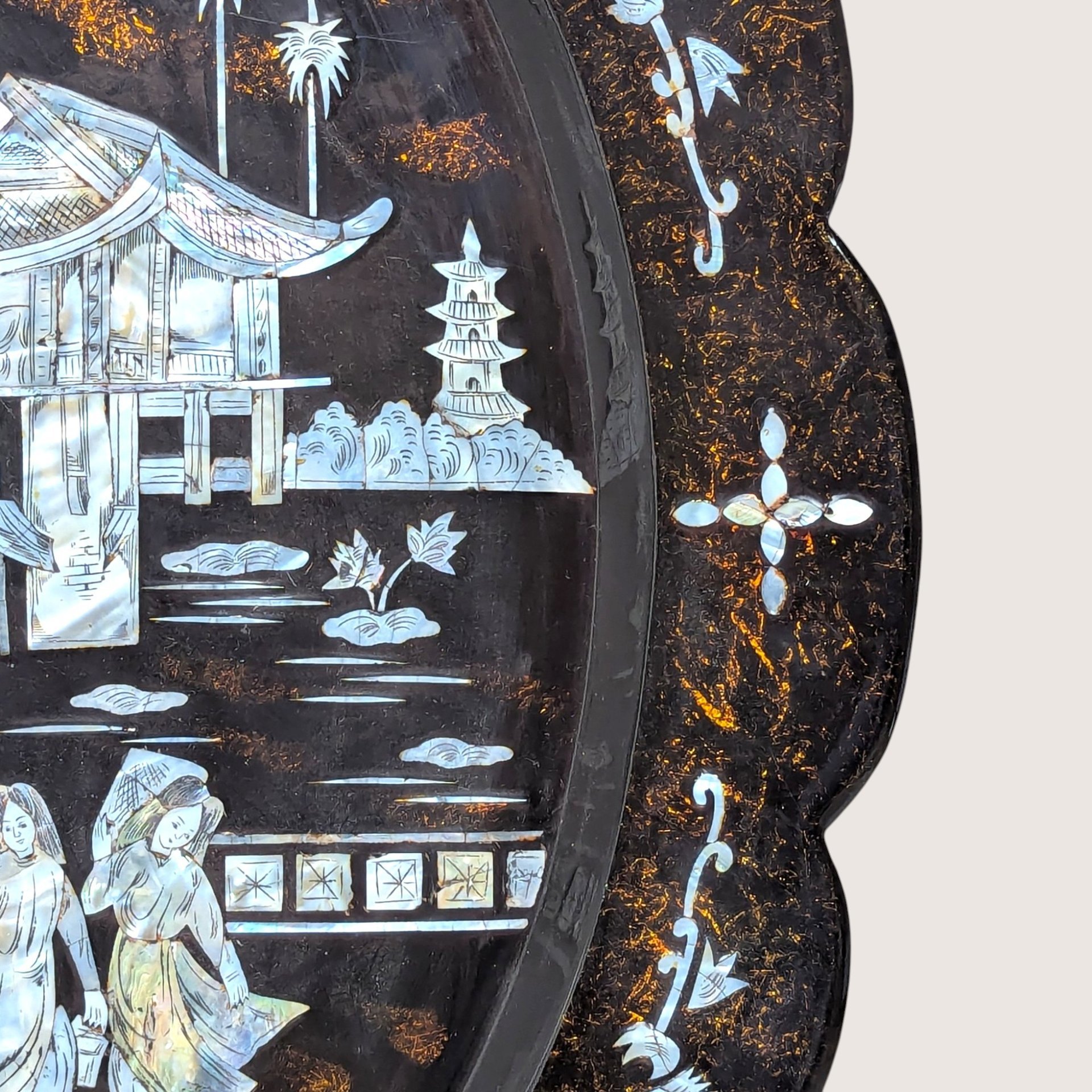 1960s Asian Black Lacquer Mother of Pearl Inlaid Wall Platter