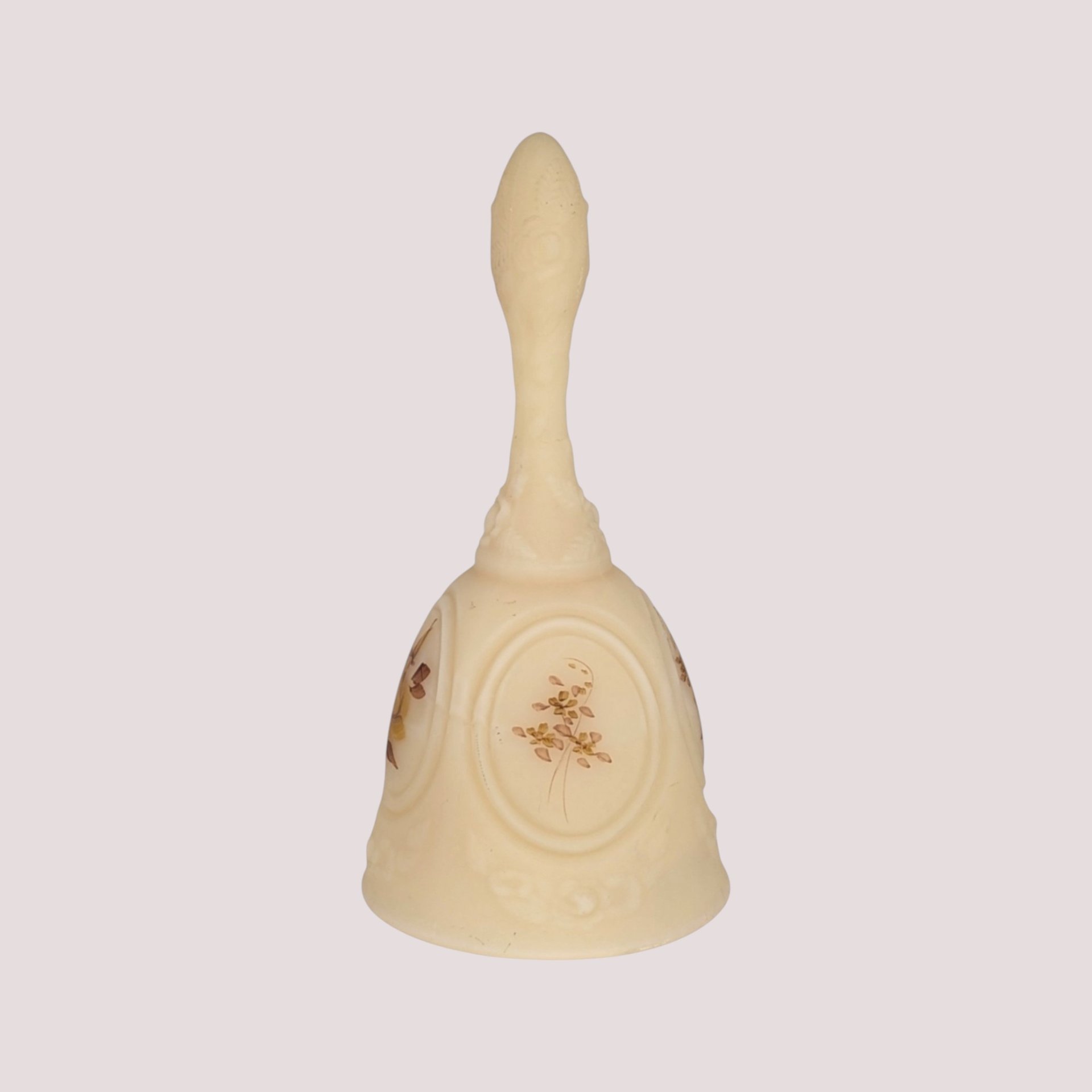 1980s Fenton Cameo Satin Glass Chocolate Rose Medallion Bell