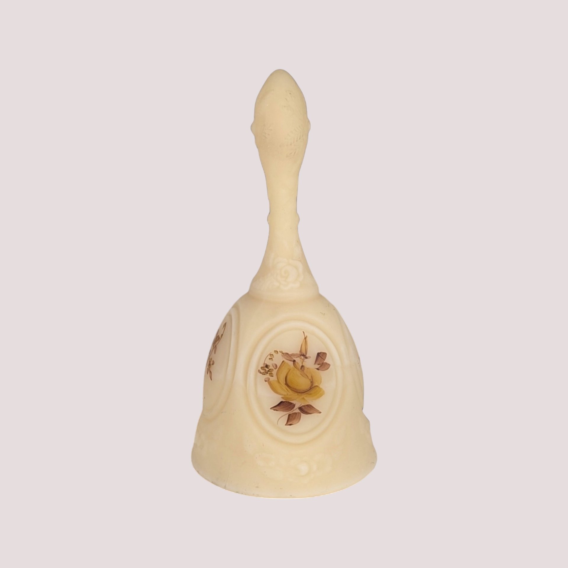 1980s Fenton Cameo Satin Glass Chocolate Rose Medallion Bell