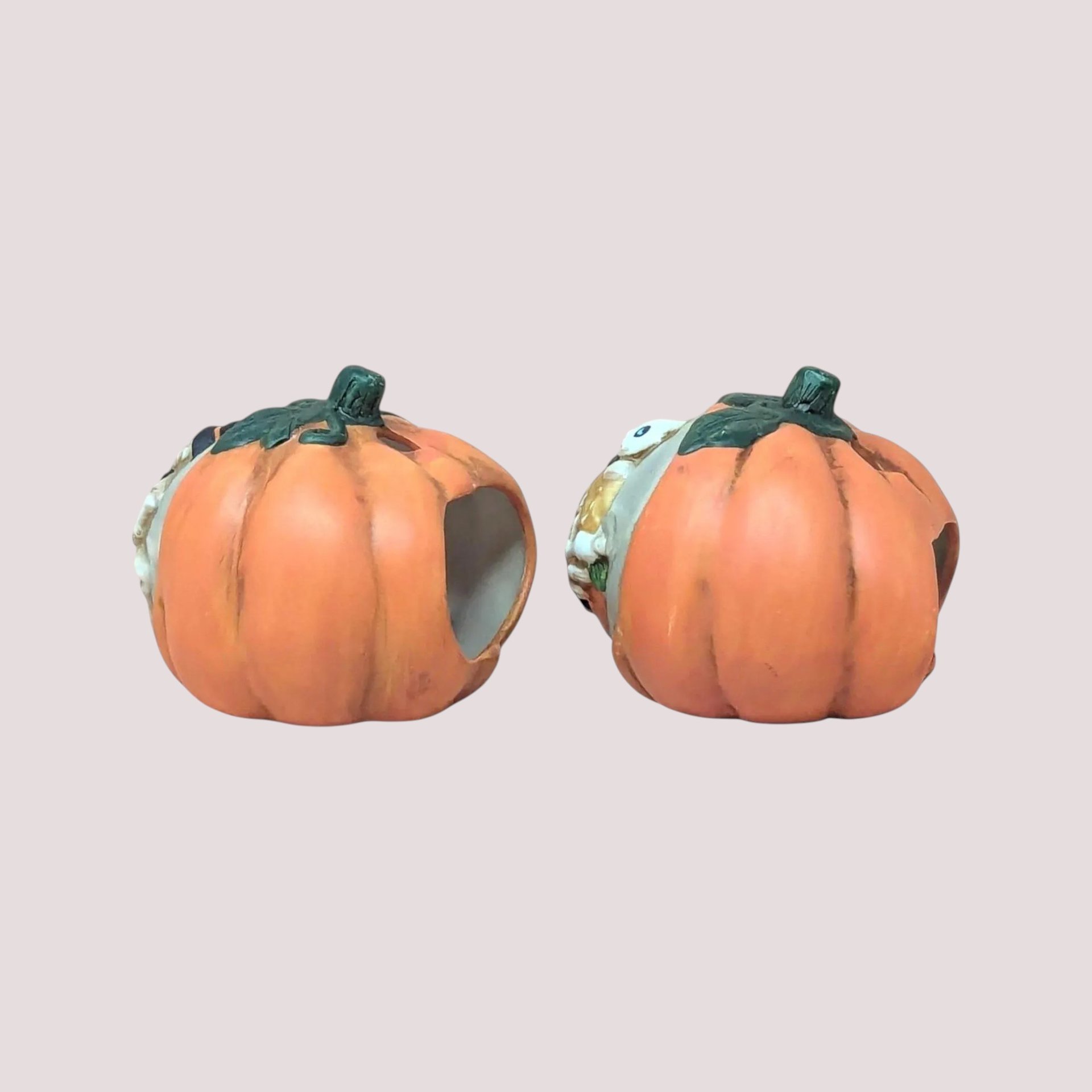 1990s Ceramic Pumpkin Skeleton Tealight Candle Holder Set