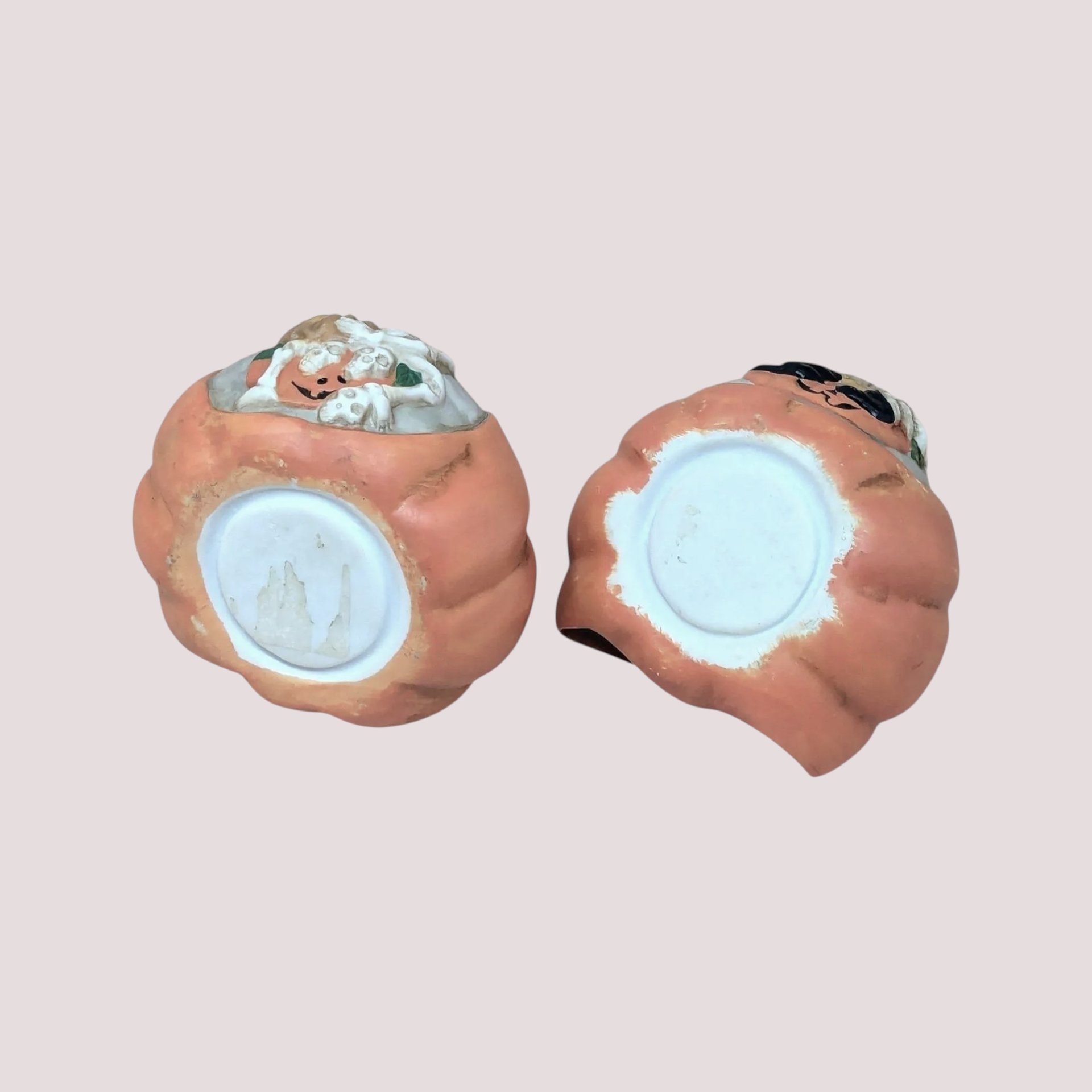 1990s Ceramic Pumpkin Skeleton Tealight Candle Holder Set