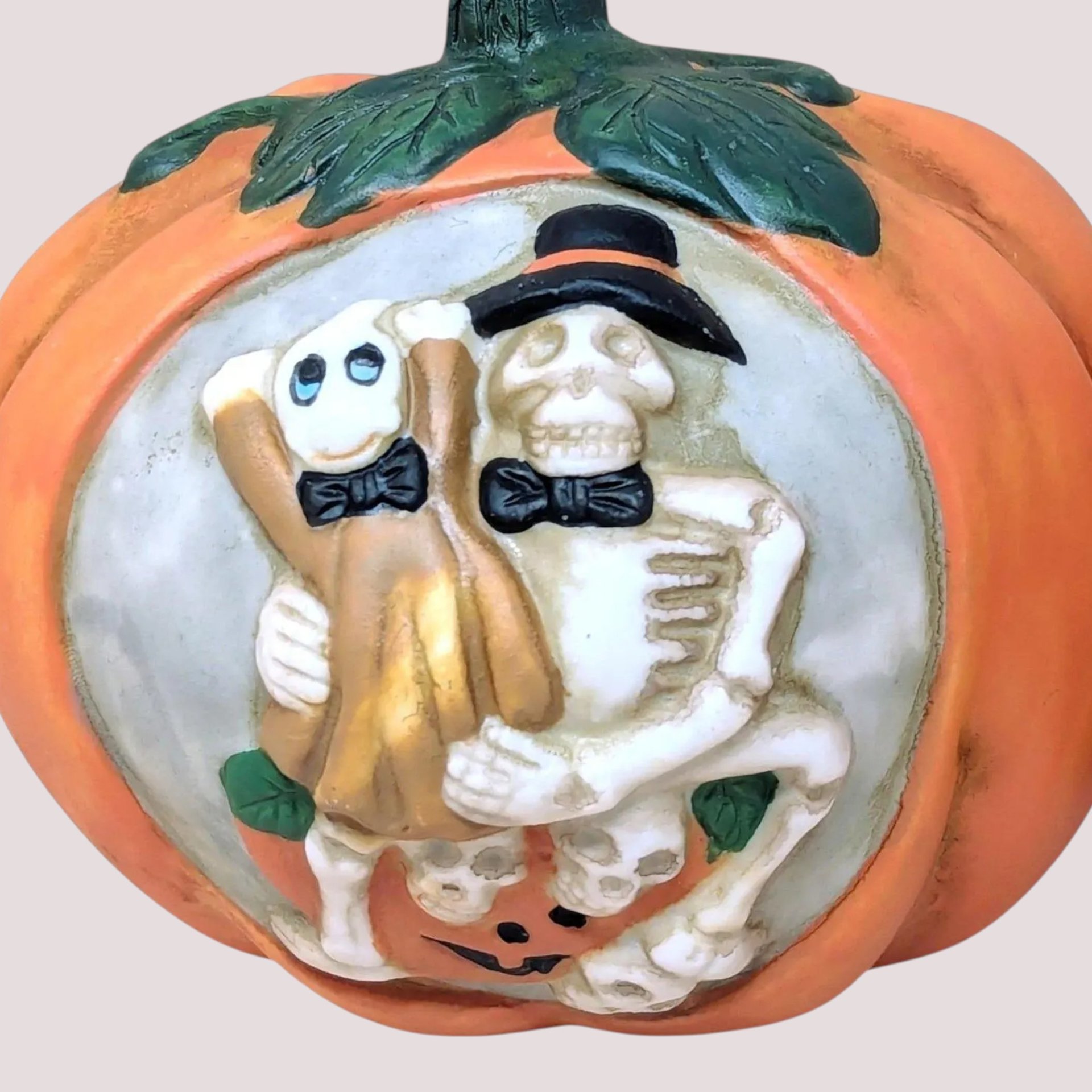 1990s Ceramic Pumpkin Skeleton Tealight Candle Holder Set