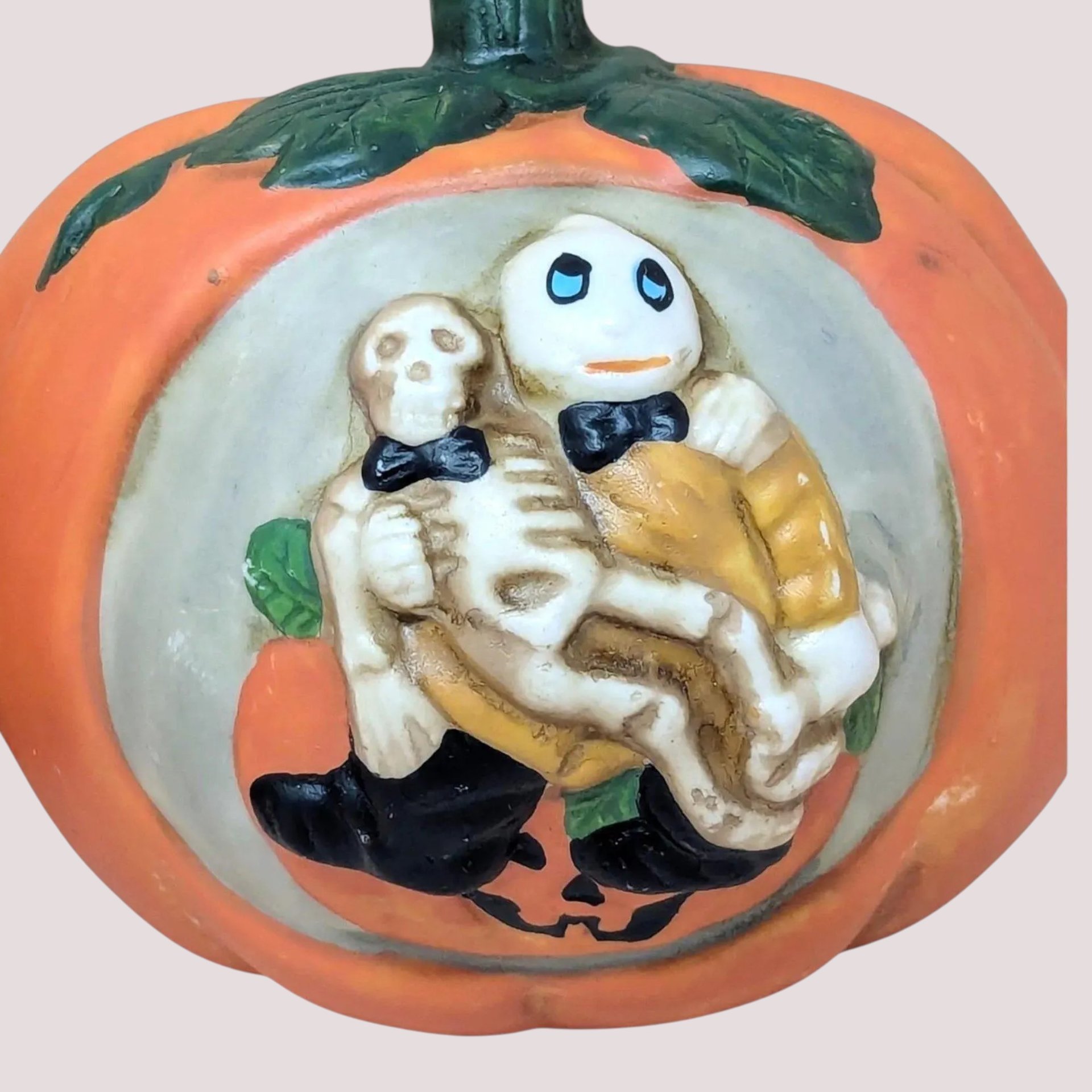 1990s Ceramic Pumpkin Skeleton Tealight Candle Holder Set