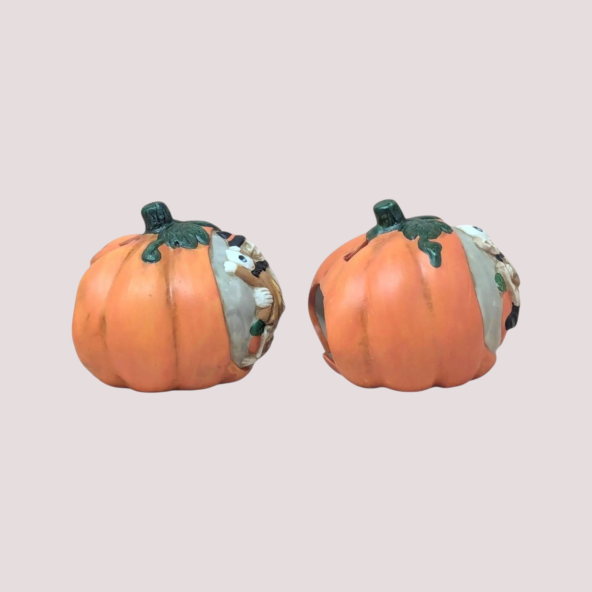 1990s Ceramic Pumpkin Skeleton Tealight Candle Holder Set