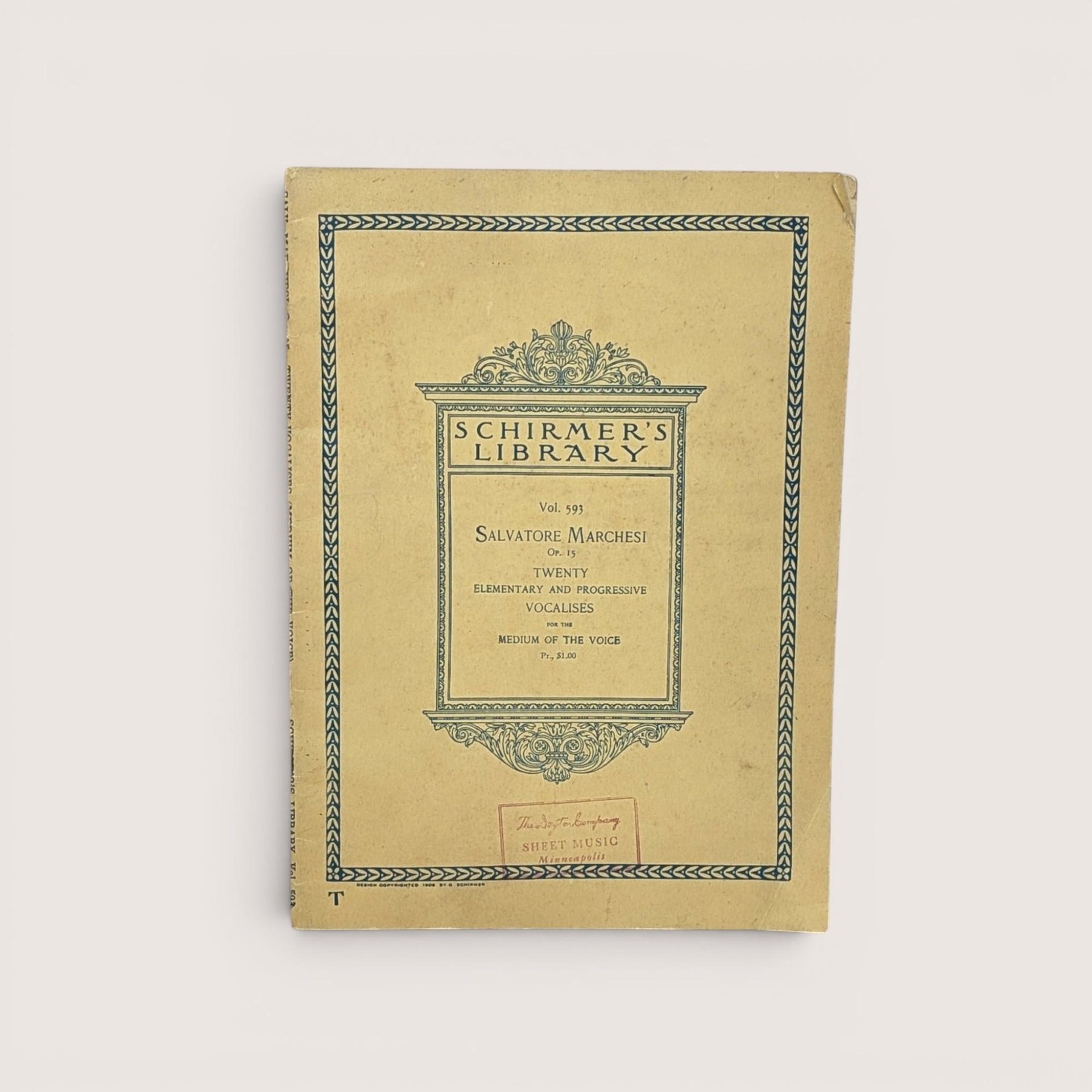 1927 Schirmer's Library Salvatore Marchesi Twenty Elementary and Progressive Vocalises music book cover with local store stamp.